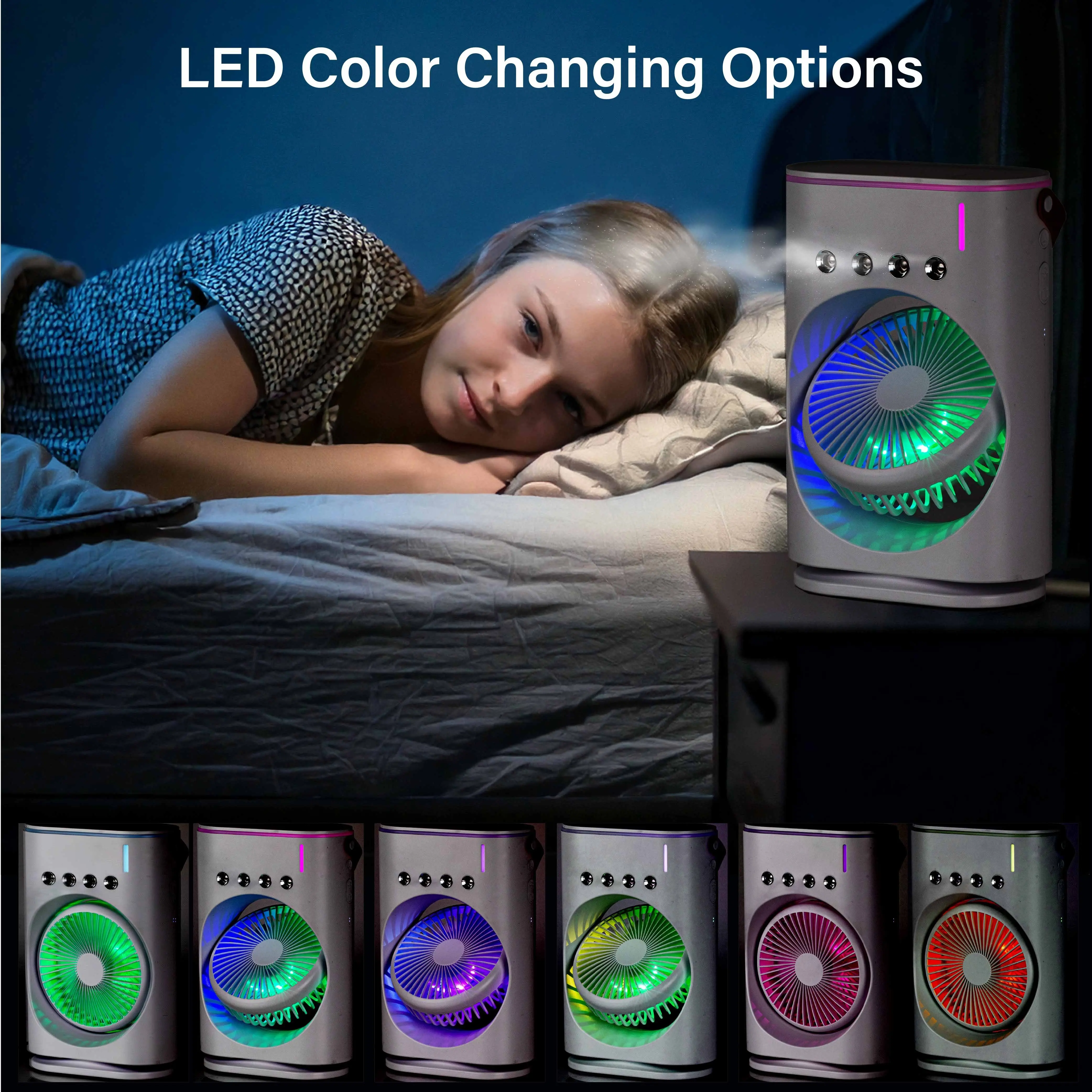 Cool Misting Fan, Remote Controlled, Oscillating, USB-C Rechargeable, Color Changing, Lightweight, Portable