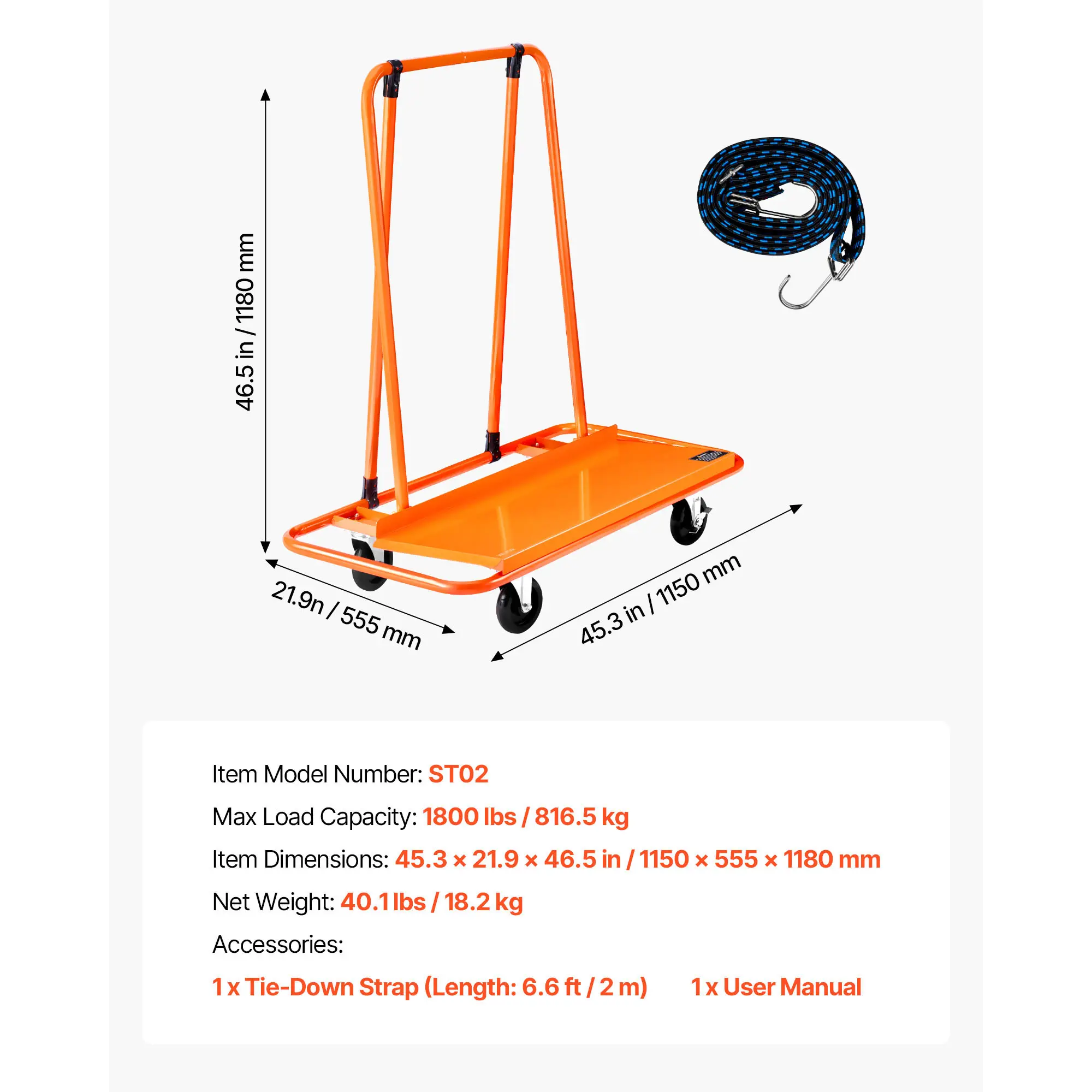 Drywall Cart Dolly 1800 lbs Load Capacity Steel Panel Dolly