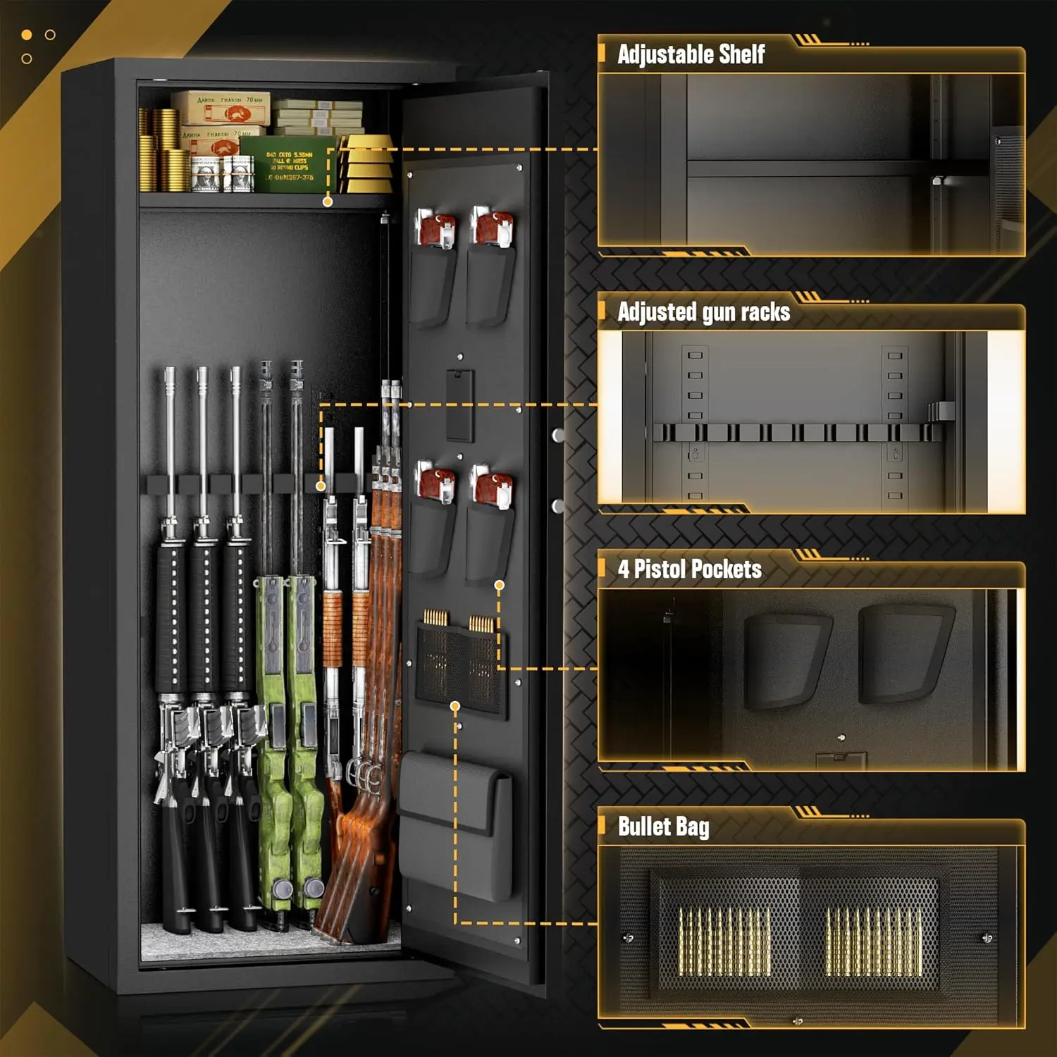 14-16 Gun Safe, Large Gun Safe for Rifles and Pistols, Quick Access Rifle Safe with 3 Removable Gun Racks and 4 Pistol Pockets, Digital Gun Cabinet with Dual Alarm and Mute Mode