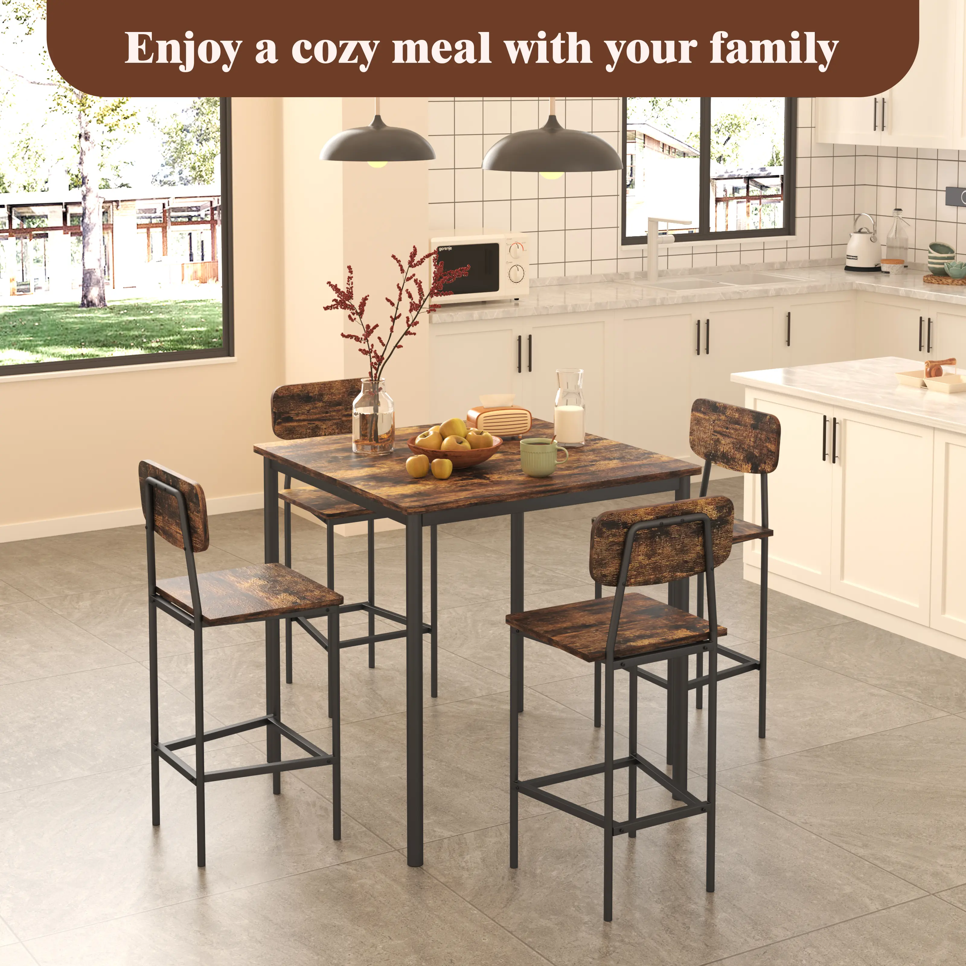 Dining Table Set for 4 – Space-Saving Retro Kitchen Table & Chair Set with Durable Metal Frame