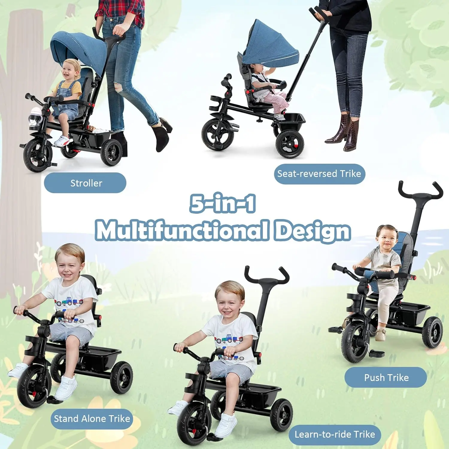 Toddler Tricycle Pushchair - Strollers for Kids Outdoor Play, with Removable Push Handle, Reversible Seat, EVA Wheels, Adjustable Canopy, Cup Holder & Storage