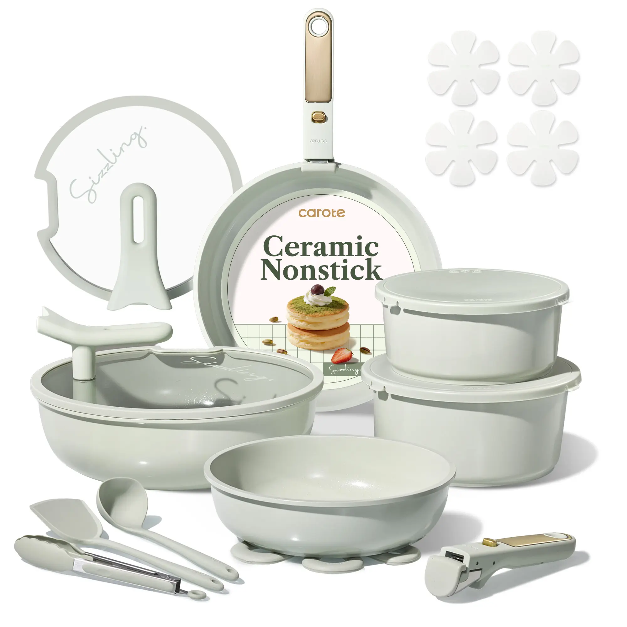 Macaron Color 20Pcs Ceramic Cookware Set Stand-Up Lid with Detachable Handle Set, Non Stick Pots and Pans Set Non Toxic, PFAS Free