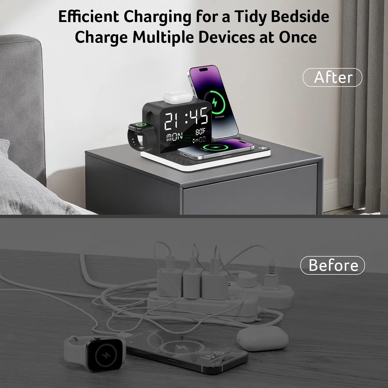 7-in-1 Wireless Charging Station – Fast Charger with LED Night Light, Bluetooth Clock & Temperature Display for iPhone, Apple Watch & AirPods