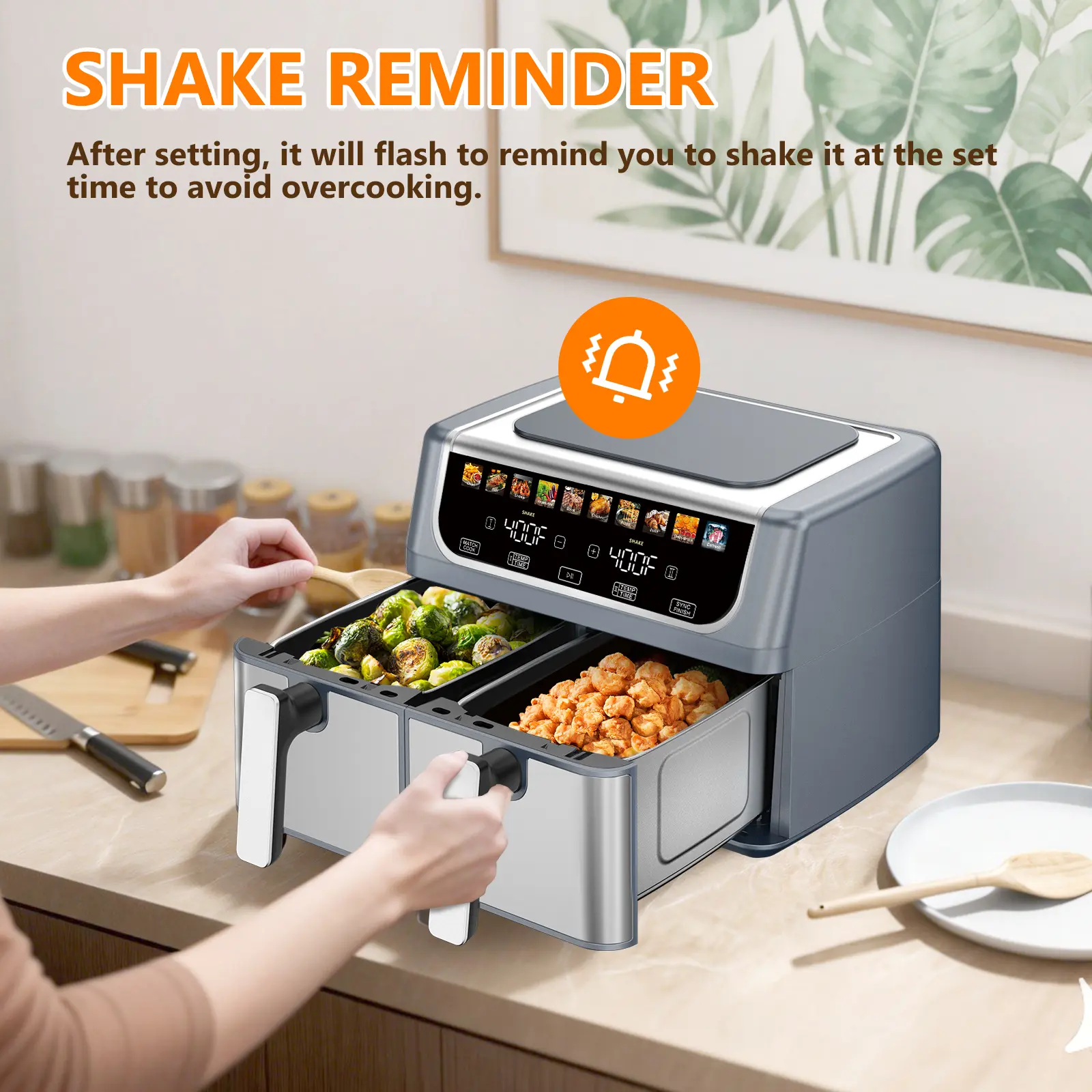 9QT Dual Basket Air Fryer, Oven 10-in-1，2 Independent Nonstick Baskets with Easy View Windows, Sync Finish & Hi-Fry Functions,Wide Temperature Range (200°F – 450°F)， Digital Double Air Fryer