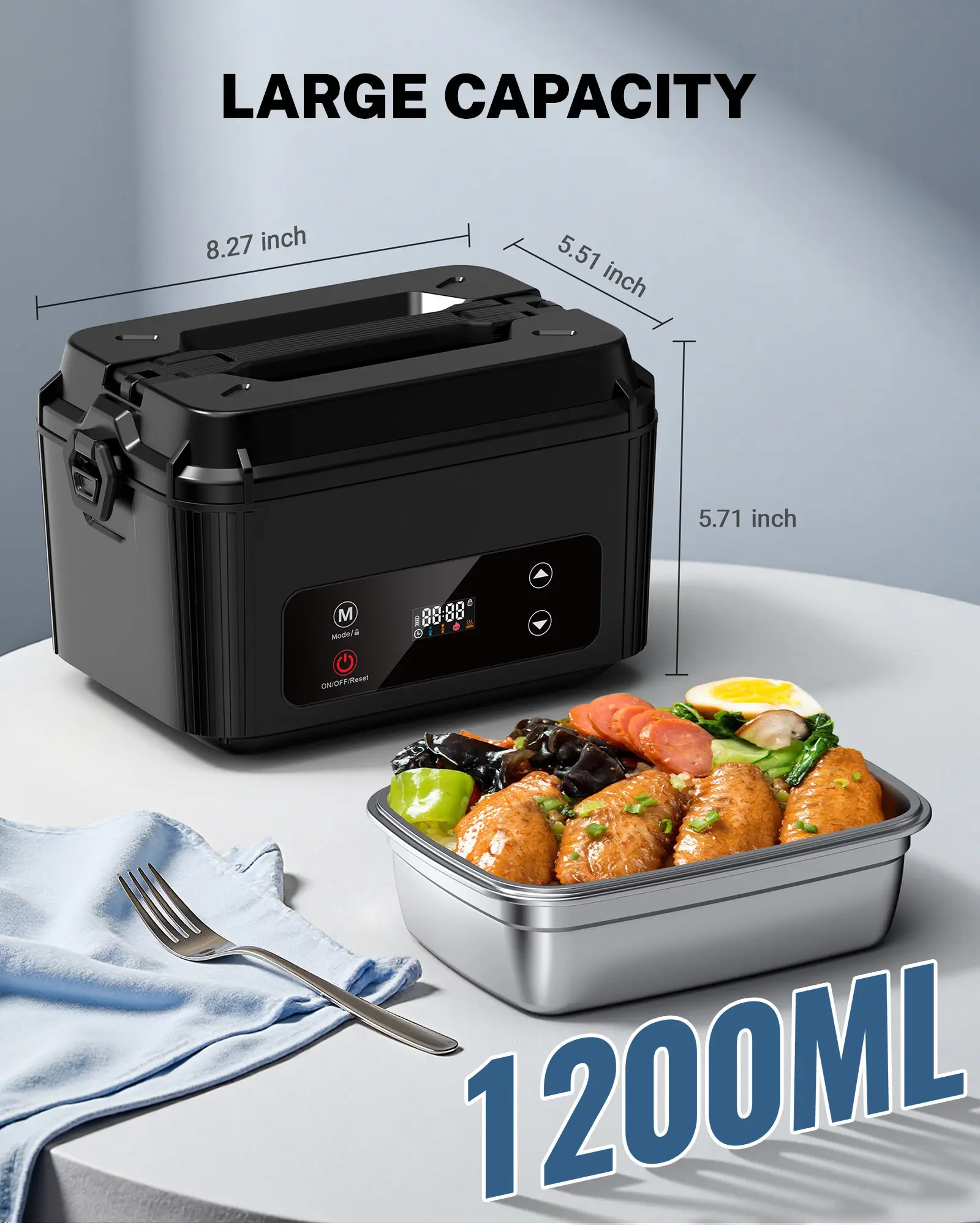 Self-Heating Electric Lunch Box, 100W Faster Heated Cordless Lunch Box for Adults with Automatic Heating, 40 fl oz 304 Stainless Steel Food Warmer with Timer for Hot Meals Anywhere