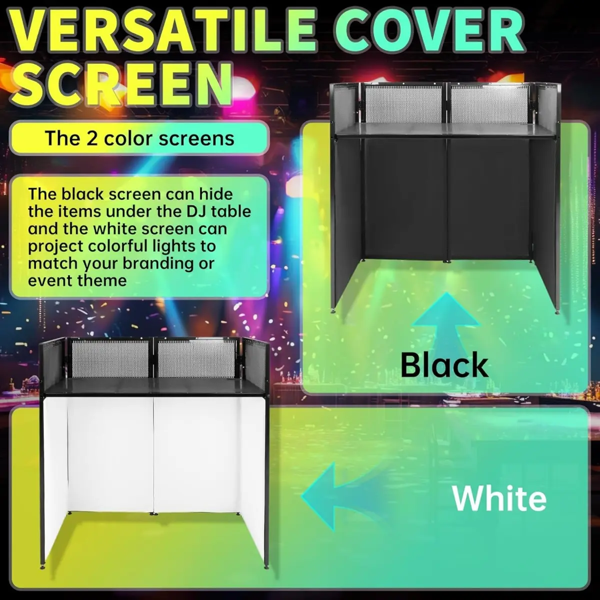 Portable DJ Booth Facade – Foldable DJ Table with Black & White Scrims, Carry Bag & Sturdy Metal Frame for Events