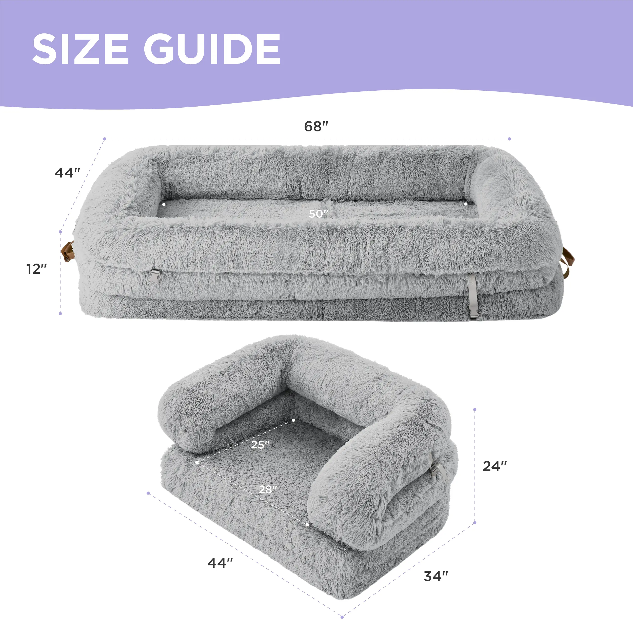 Luxury Warm Foldable 3-in-1 Flexible Giant Human Dog Bed Cozy Fluffy Faux Fur Lounge Sofa with Supportive Bolster Egg Foam Soft Plush Calming Orthopedic Bed for Comfort Classic Lounge Sofa