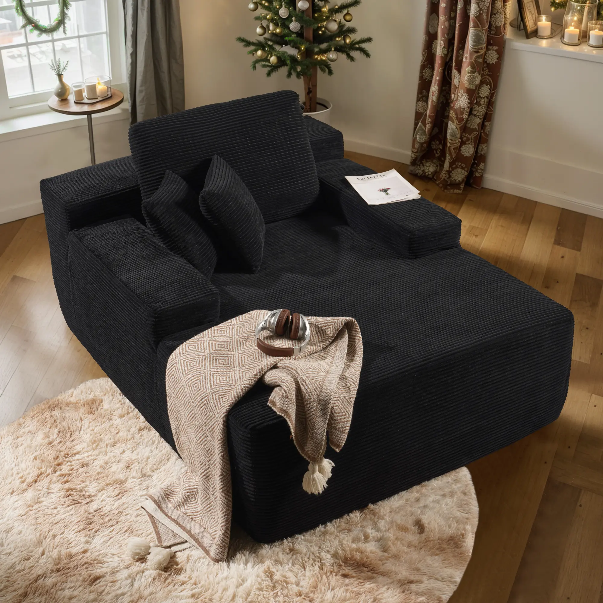 49'' Boneless Chaise Lounge with Cup Holders, Upholstered Sofa Bed with Throw Pillows and Armrests, Indoor Sleeper Chair- Luxurious Plush Corduroy Chair Bed for Living Room - No Assembly Required