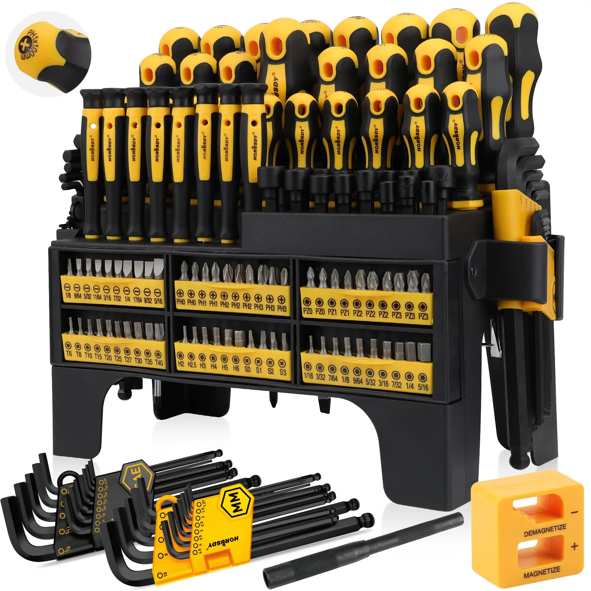 Magnetic Screwdriver Set with Plastic Racking, Includes SAE & Metric Hex Keys, Precision Screwdriver and Magnetizer Demagnetizer