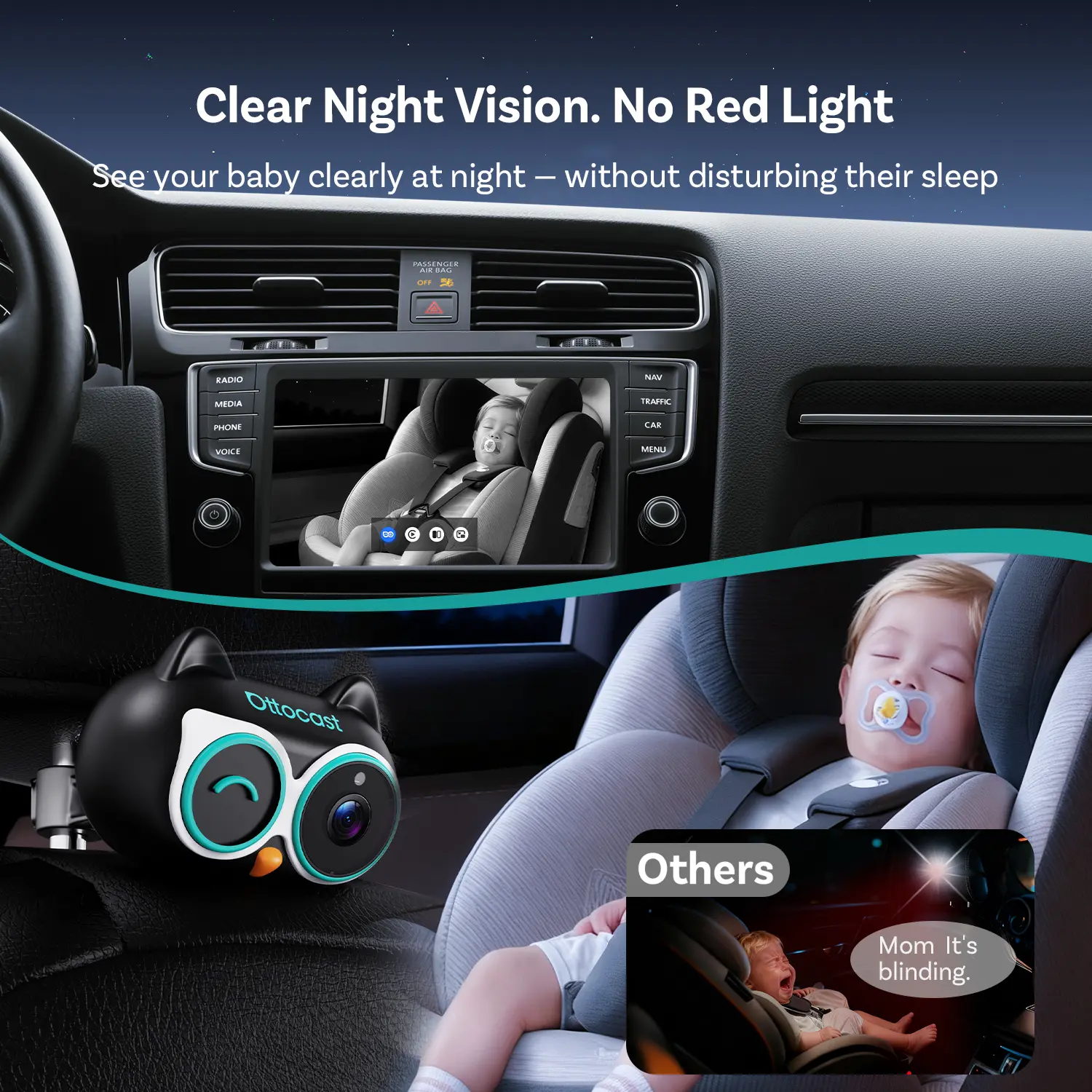 OTTOCAST Baby Car Camera &Wireless CarPlay Adapter,1080P HD Rear Seat Monitor Display on Car Screen,150°Wide Angle No-Glow Night View, Safety for Kids & Infants