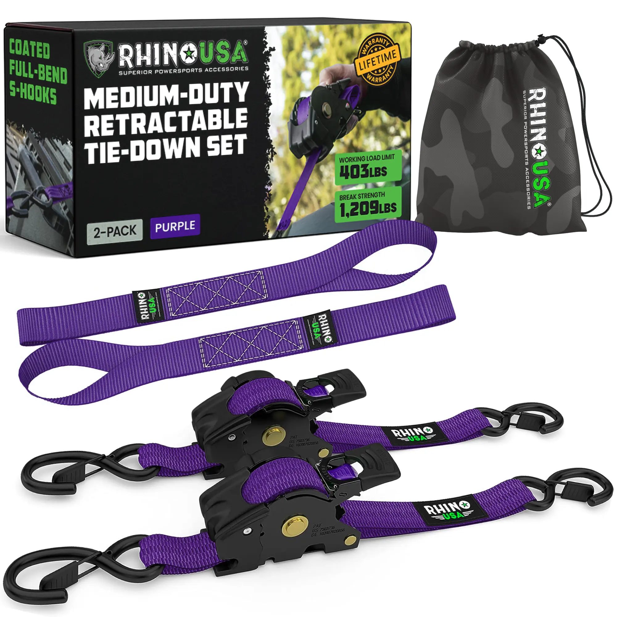 Rhino USA 1" x 10' Retractable Ratchet Straps (select 2 pack or 4 pack) - Medium Duty Self Retracting Tie Down Straps for Truck, Cargo Trailer