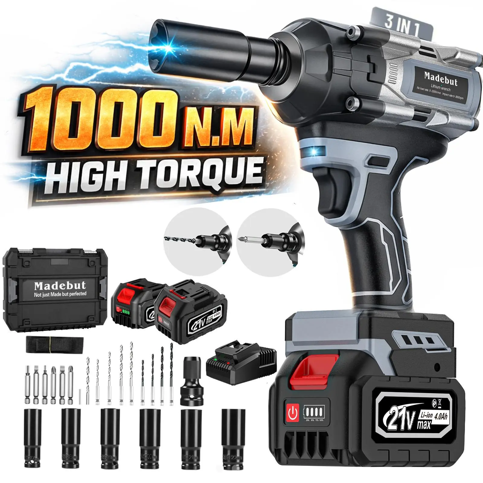 1000 N.m Cordless Impact Wrench, All-Metal Cordless Impact Gun with 2 * 4.0Ah, 3-IN-1 Electric Impact Wrench with 5 Sockets