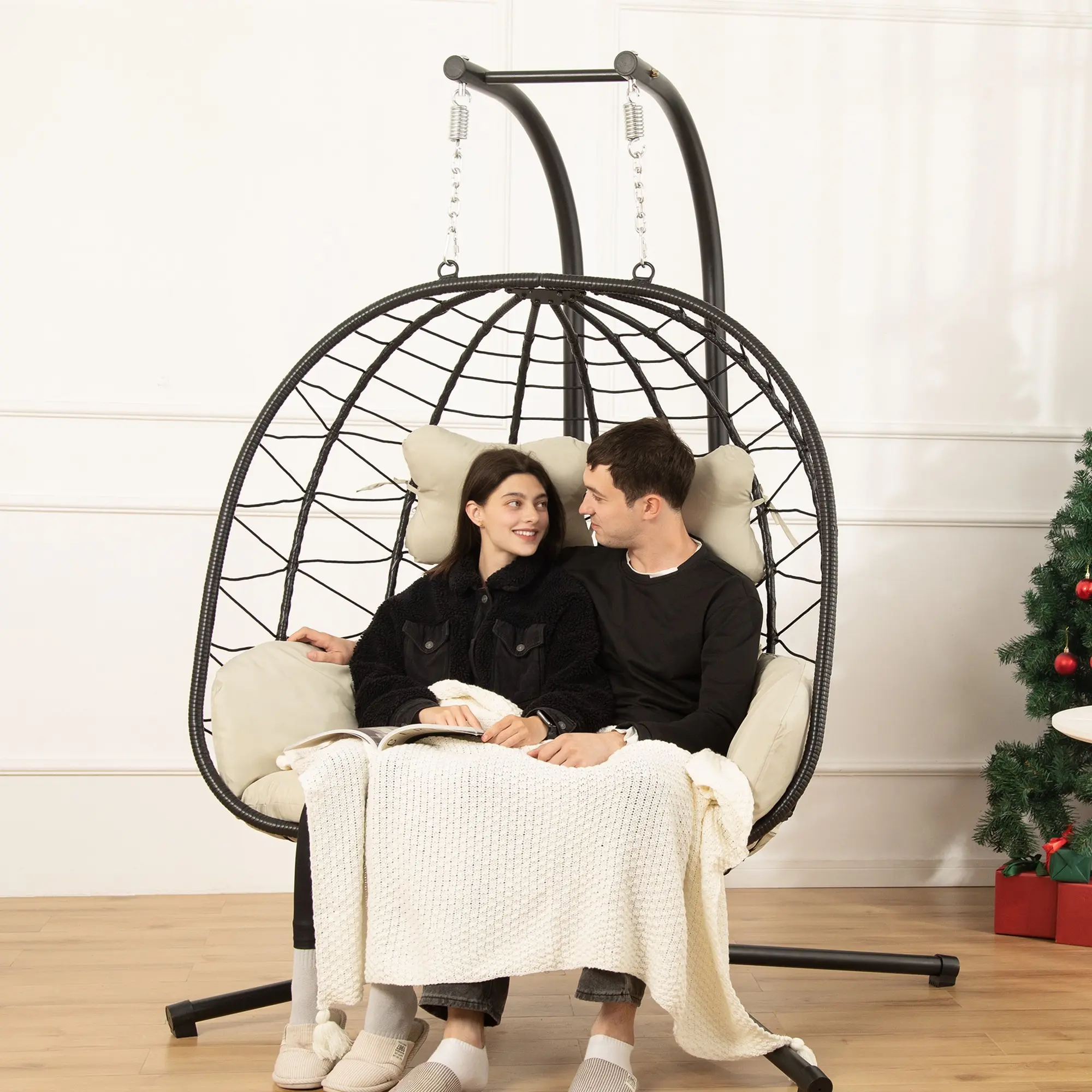 Double Hanging Egg Chair – Foldable Wicker Patio Swing with Cushions, Rust-Resistant Frame & 700 lb Capacity
