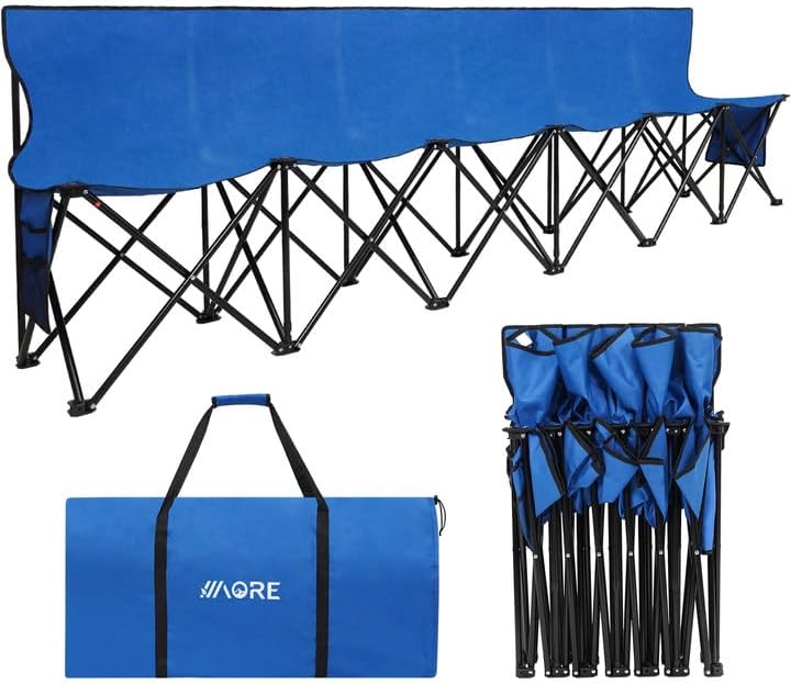 Portable Folding Sideline Bench – 8-Seat Outdoor Team Bench with Backrest & Carry Bag for Sports, Camping & Fishing, Blue