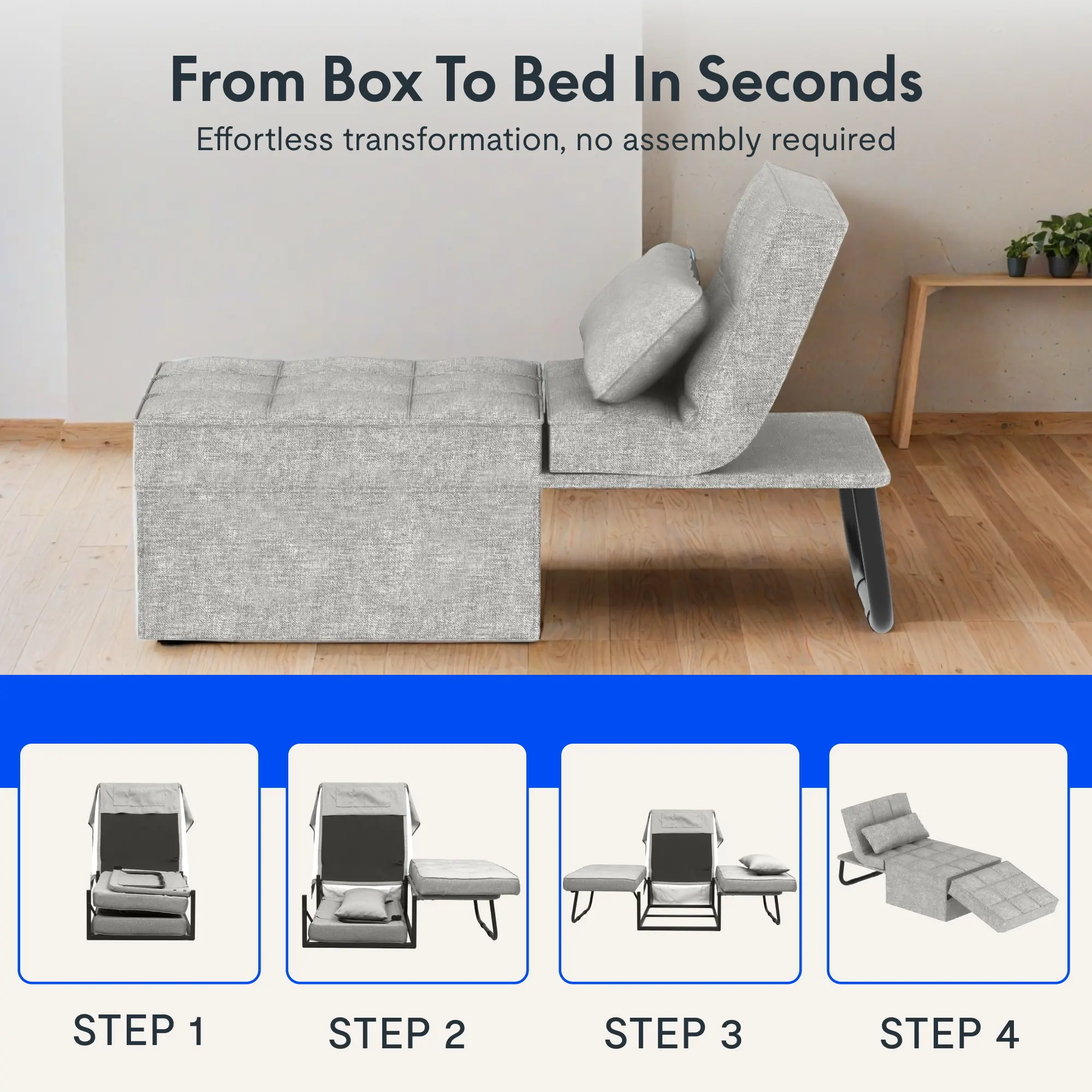 Convertible Sleeper Chair Sofa Bed - 5-Level Adjustable Backrest Multi-Function Upholstered Ottoman Futon, Adjustable Upholstered Couch, Furniture for Living Room (Grey, Beds Compatible)