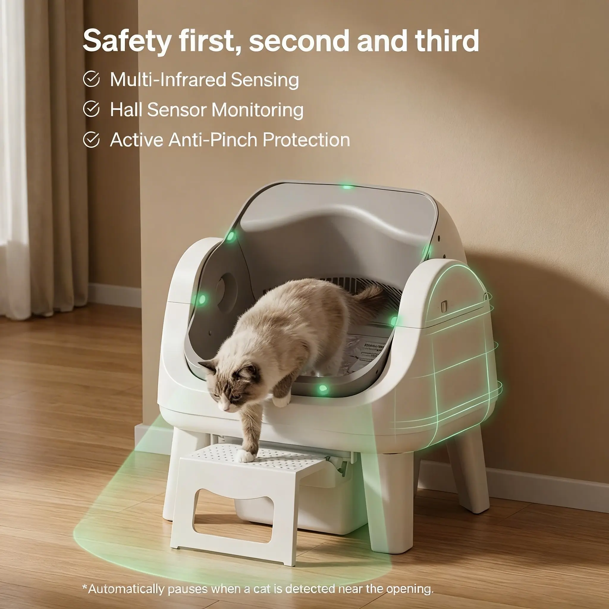 Open Top Self Cleaning Cat Litter Box, Automatic Litter Box with 7 Pairs of Safety Sensors, Anti-Pinch Protection, Easy Access Step for Senior Cats