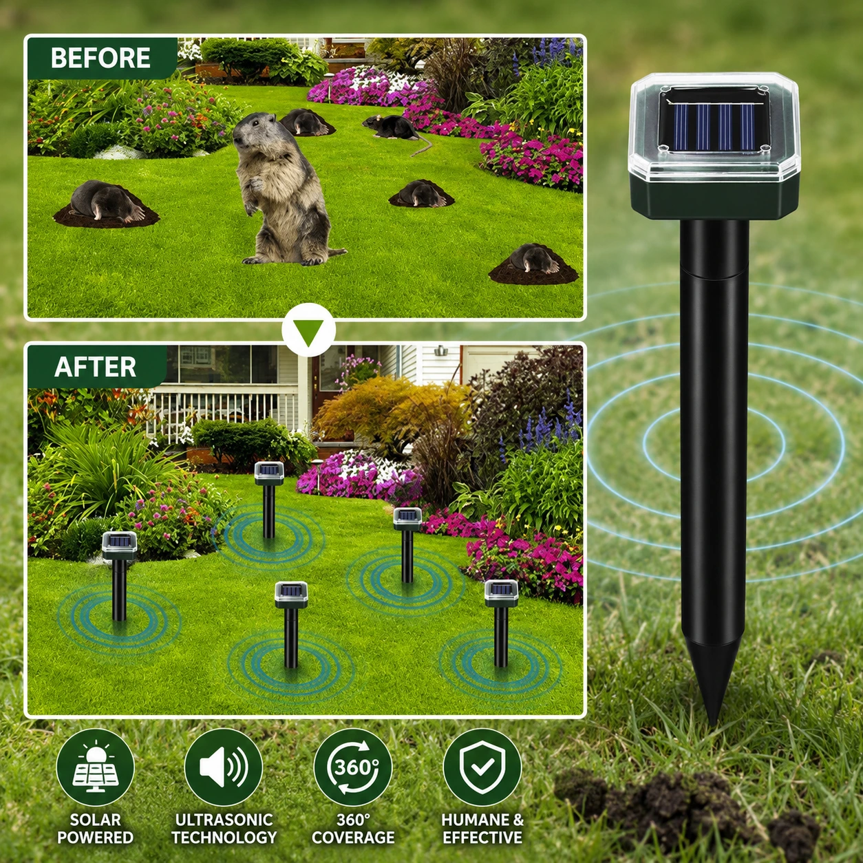 Summer Sale 50% OFF！Solar Powered Waterproof Screw Mole Repellent