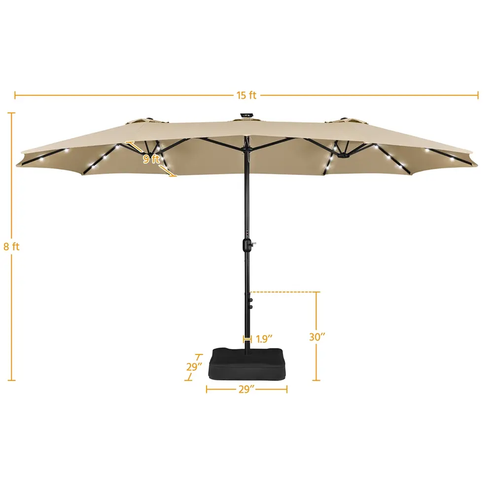 15FT Double-Sided Patio Umbrella – Large Outdoor Shade with 36 LED Lights, Crank System & Base Included for Patio, Pool & Backyard