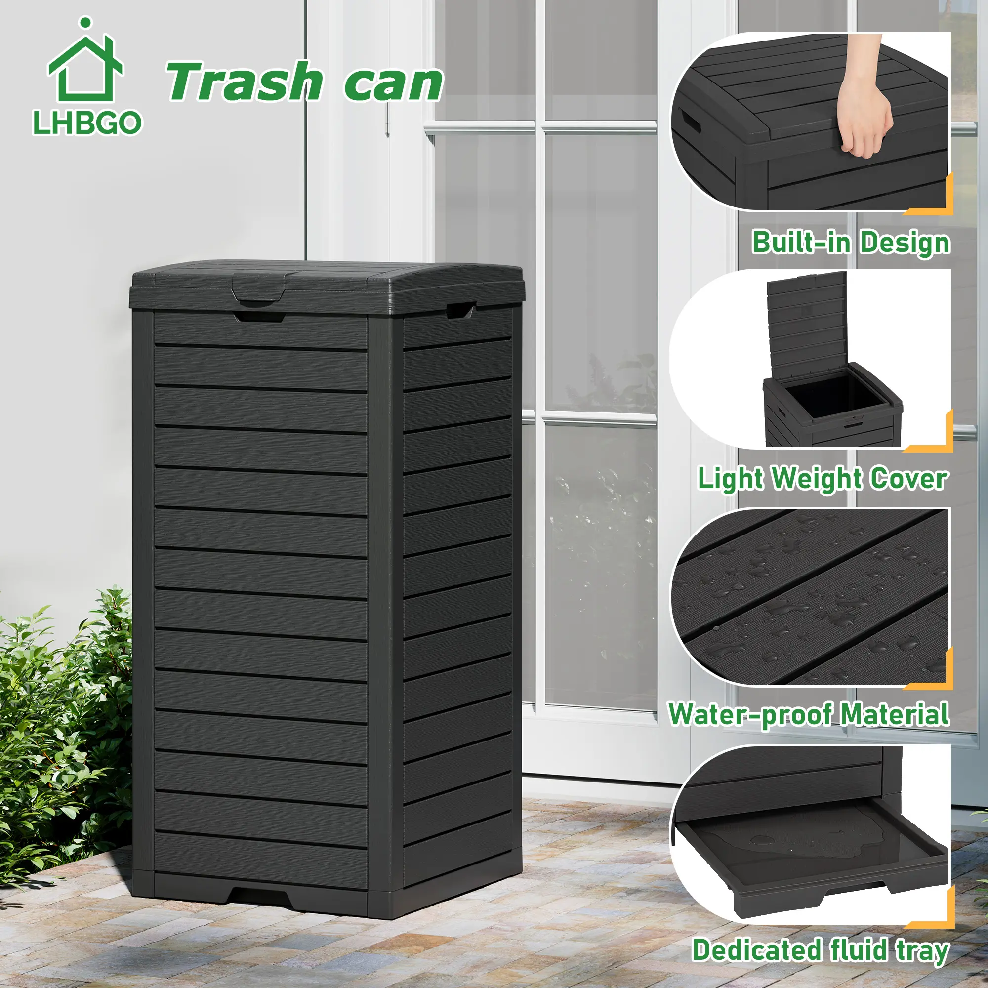31-Gallon Outdoor Trash Can – Concealed Resin Waste Bin with Lid & Drip Tray for Clean Indoor/Outdoor Use