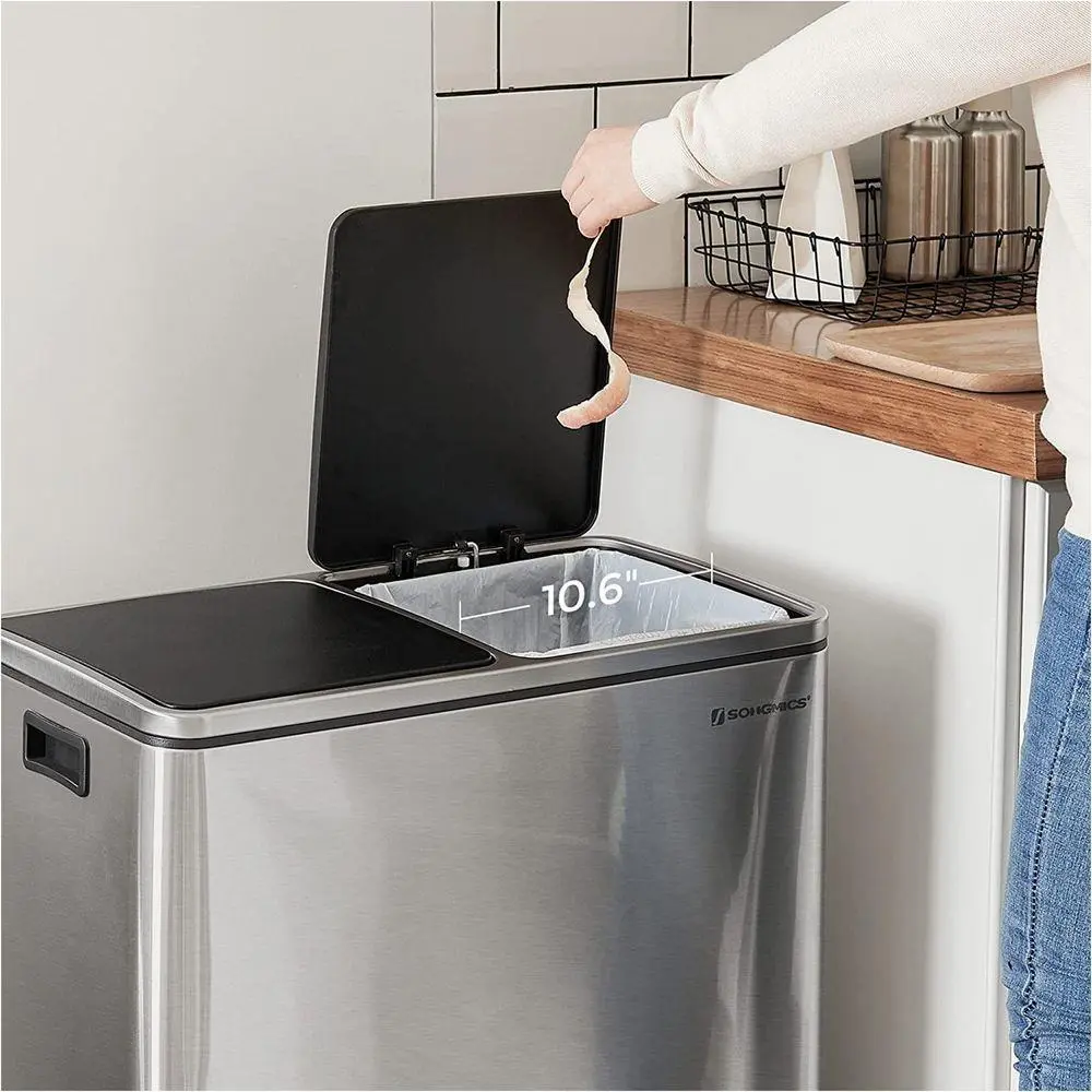 Stainless Steel Trash Can – Multi-Compartment with Plastic Inner Buckets, Hinged Lids & Soft-Close, for Kitchen or Garage