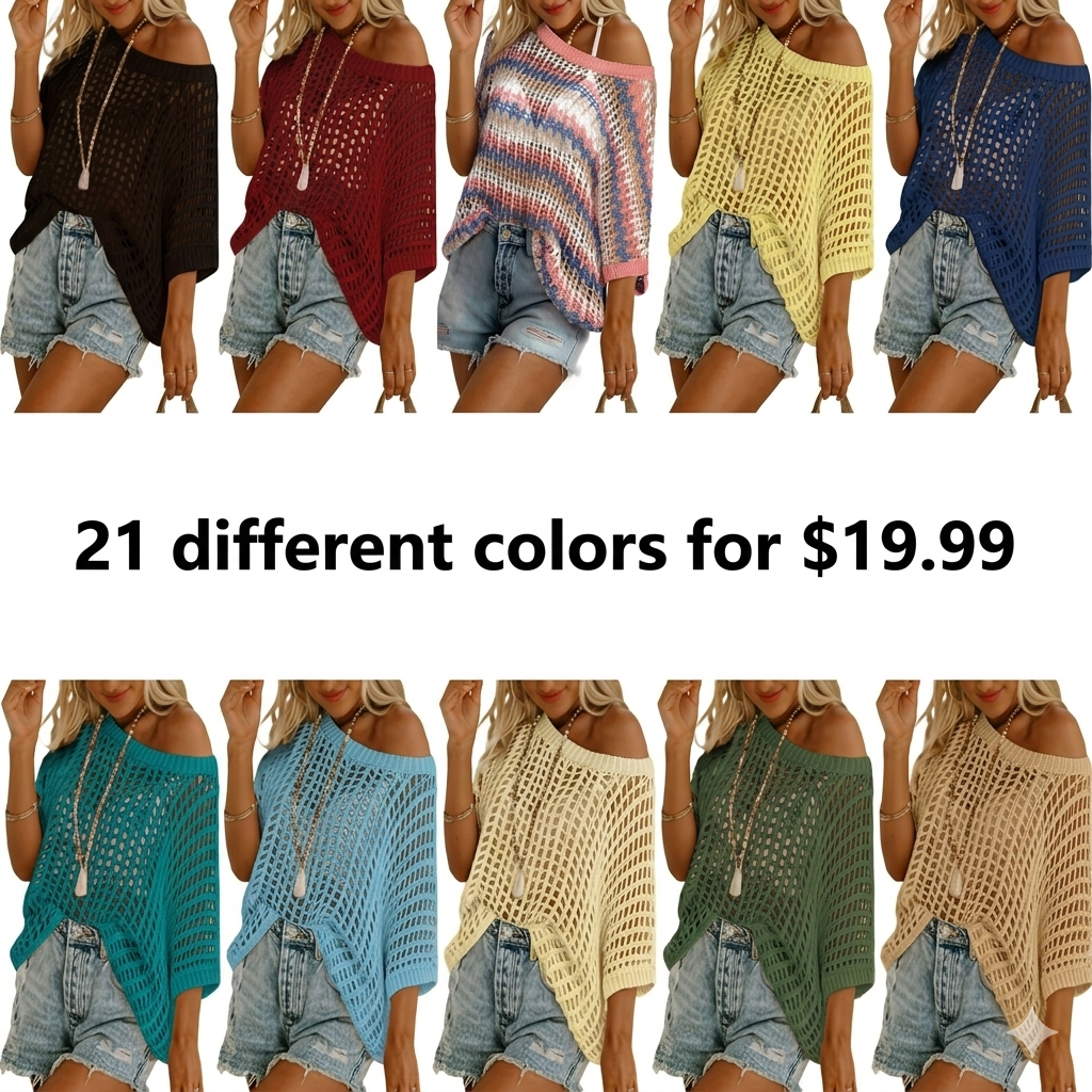 🎁2026 New Hot Sale 49% OFF - Womens Summer Scoop Neck Short Sleeve Sweater Casual Crochet Hollow Out Knit Tops Pullover Shirts Beach Coverup