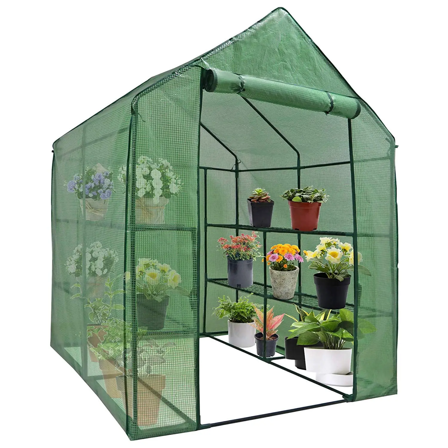 Portable Walk-In Greenhouse with Roll-Up Zipper Door PE Cover Greenhouses for Garden, Backyard - Three Sizes