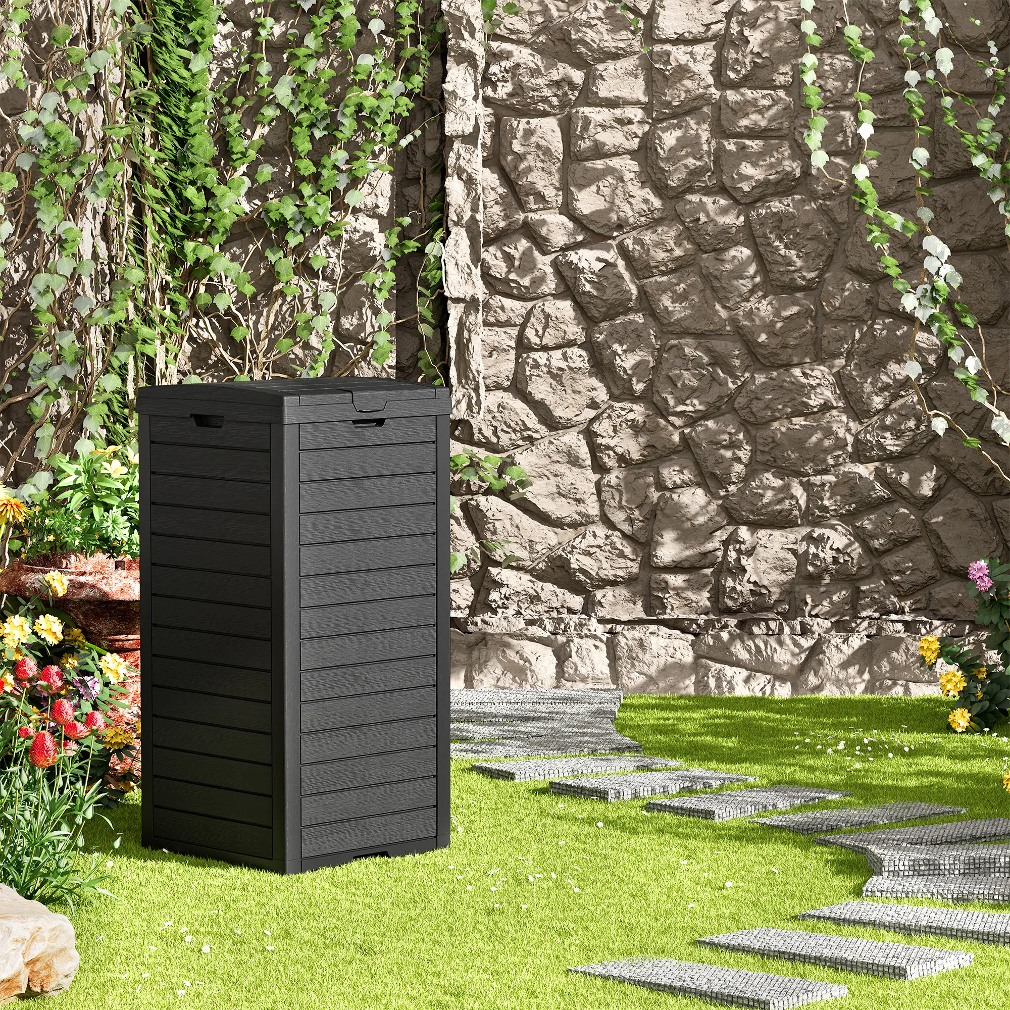 31-Gallon Outdoor Trash Can – Concealed Resin Waste Bin with Lid & Drip Tray for Clean Indoor/Outdoor Use