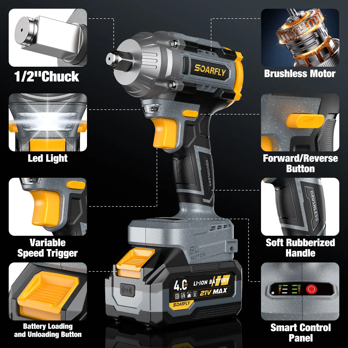 680NM Impact Wrench, 2x 4.0Ah Batteries, Fast Charger, 6 Screwdriver Bit, 8 Drill Bit, 6 Sockets, For Car, Trucks