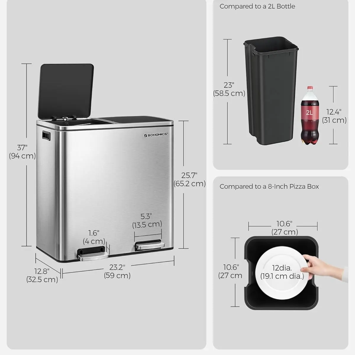 Stainless Steel Trash Can – Multi-Compartment with Plastic Inner Buckets, Hinged Lids & Soft-Close, for Kitchen or Garage