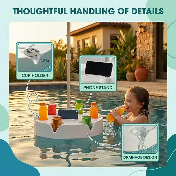 Floating Pool Umbrella with Bar and Base, Portable Pool Bar Table Umbrellas with Cup Holder & Phone Stand, Floating Poolside Shade, Included Easy Carry Bag, for Inside of Pool, Swimming Area, Lake House, Beach, #Summervibes