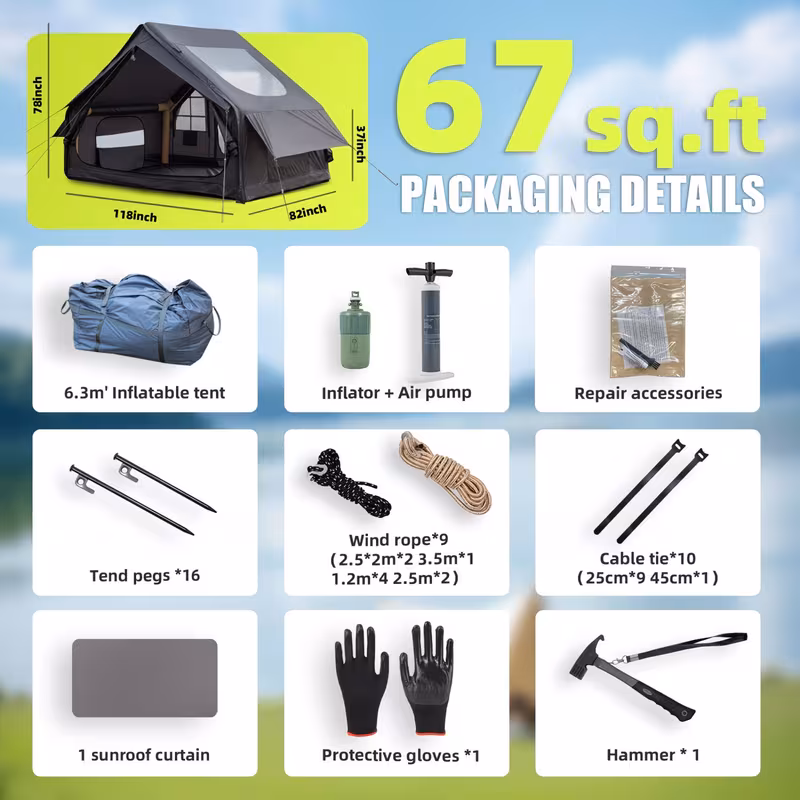 Inflatable Camping Tent, with Electric Air Pump, 4 Season Windproof, Clear Skylight & 420D Oxford, Air Tent with Mesh Windows/Doors