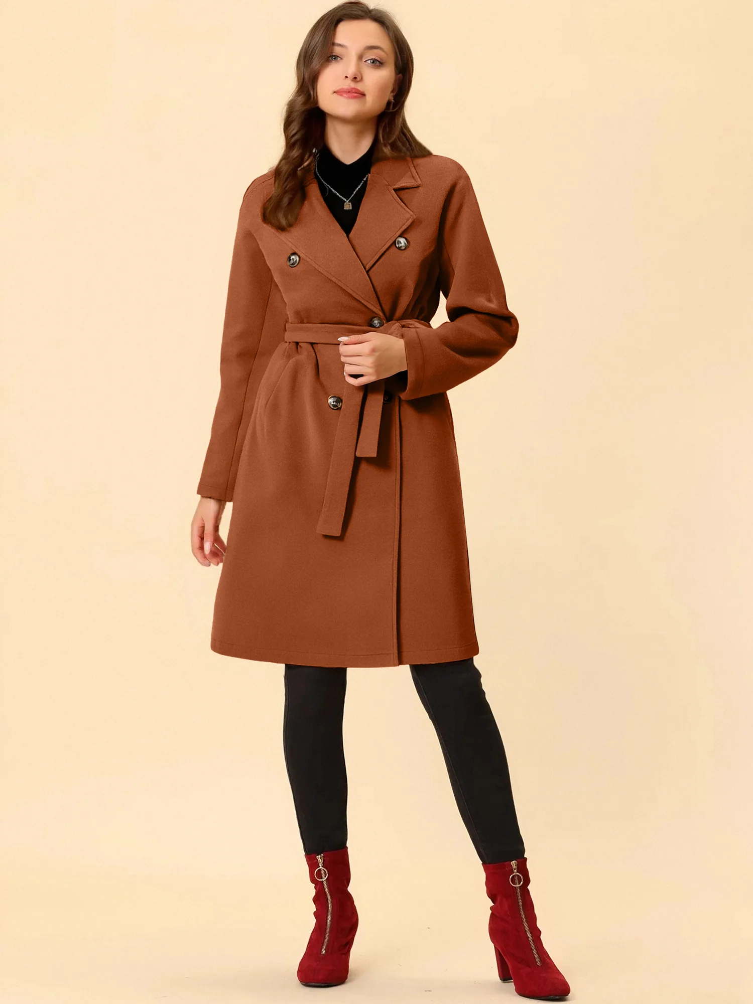 Solid Color Notched Lapel Double Breasted Belted Long Pea Coat