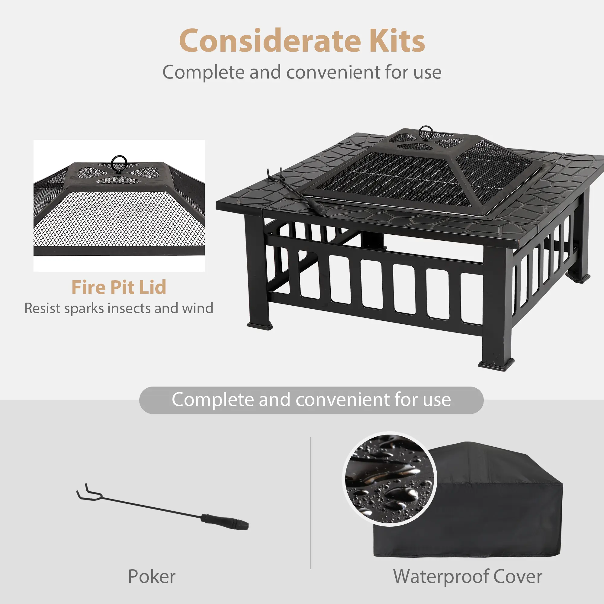 32-inch square heavy-duty steel frame wood-burning tabletop fire basin set, outdoor patio furniture, backyard decoration, suitable for family gardens, camping essential.