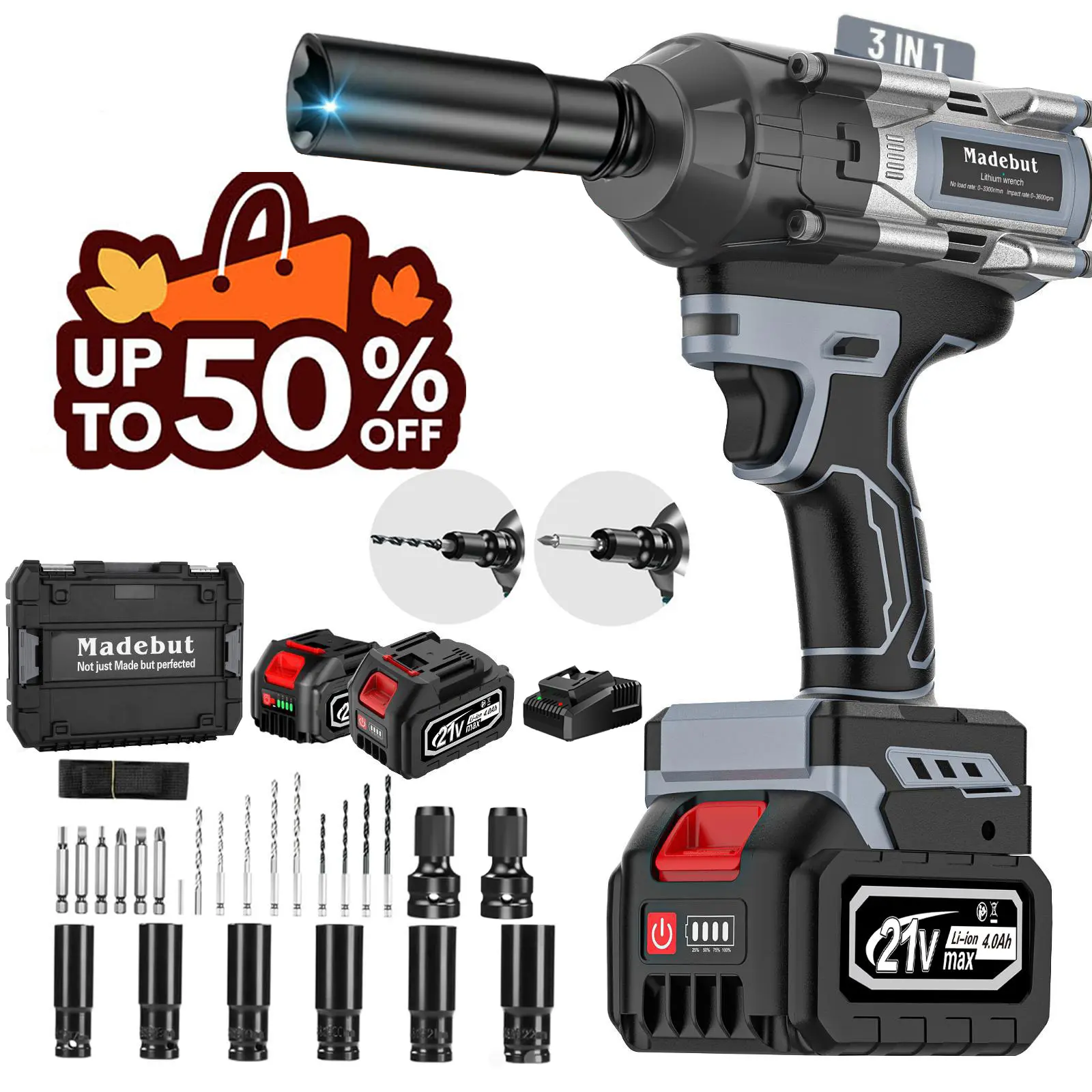 1000N.m Cordless Impact Wrench,All-Metal Cordless Impact Gun with 2 * 4.0Mah, 3-IN-1 Electric Impact Wrench