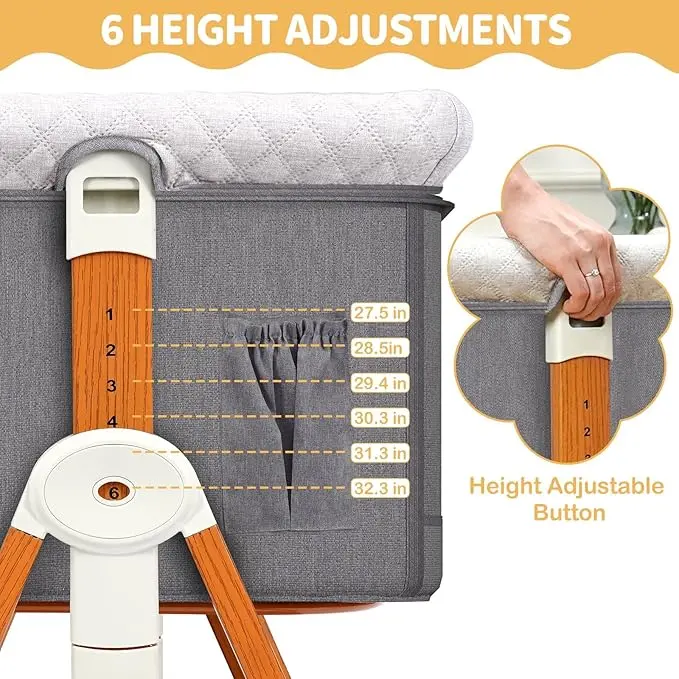 Baby Bassinet Sleeper, 6 Height Adjustable Cribs, Easy to Fold Portable Crib Side Bassinet, Swing Cradle Bed Side Sleeper with Ventilated Net&Wheels