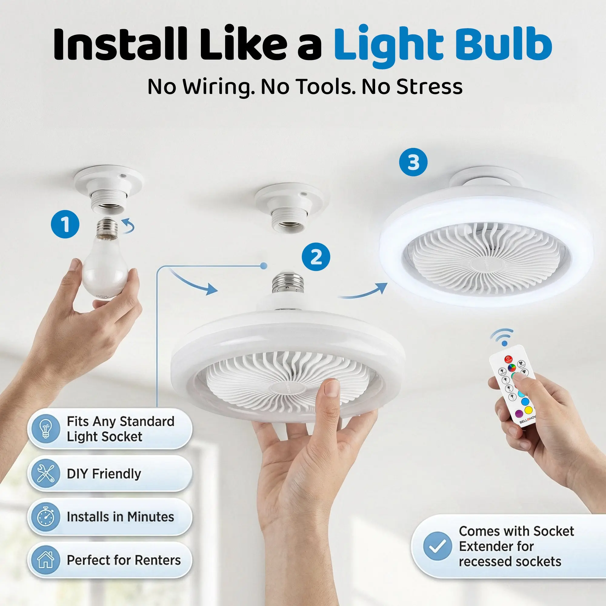Socket Air - Light Socket Fan Light with RGB Color Changing