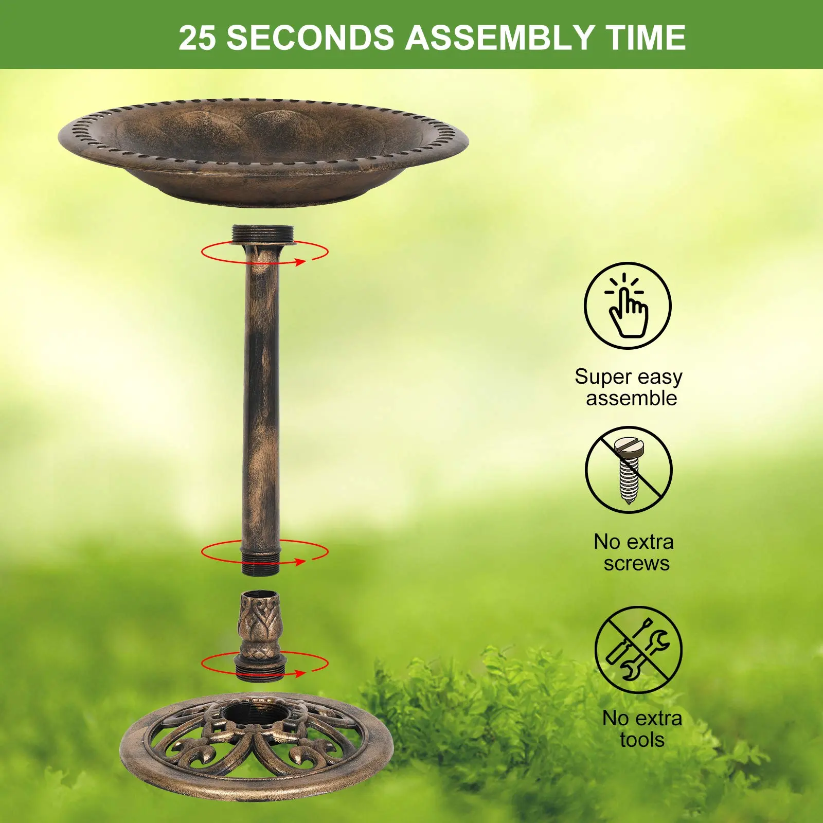 28'' Bird Bath with Solar Fountain – Antique Copper Resin Pedestal Birdbath for Outdoor Garden & Patio Decor