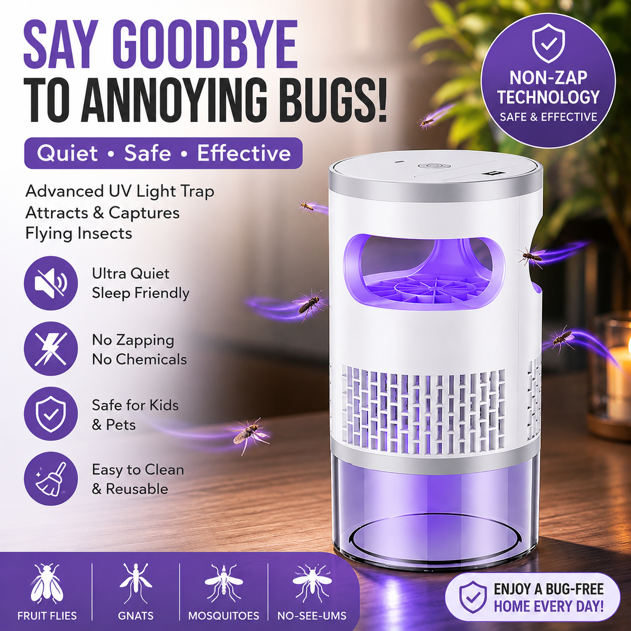 Indoor Flying Insect Trap Quiet UV Mosquito & Gnat Catcher