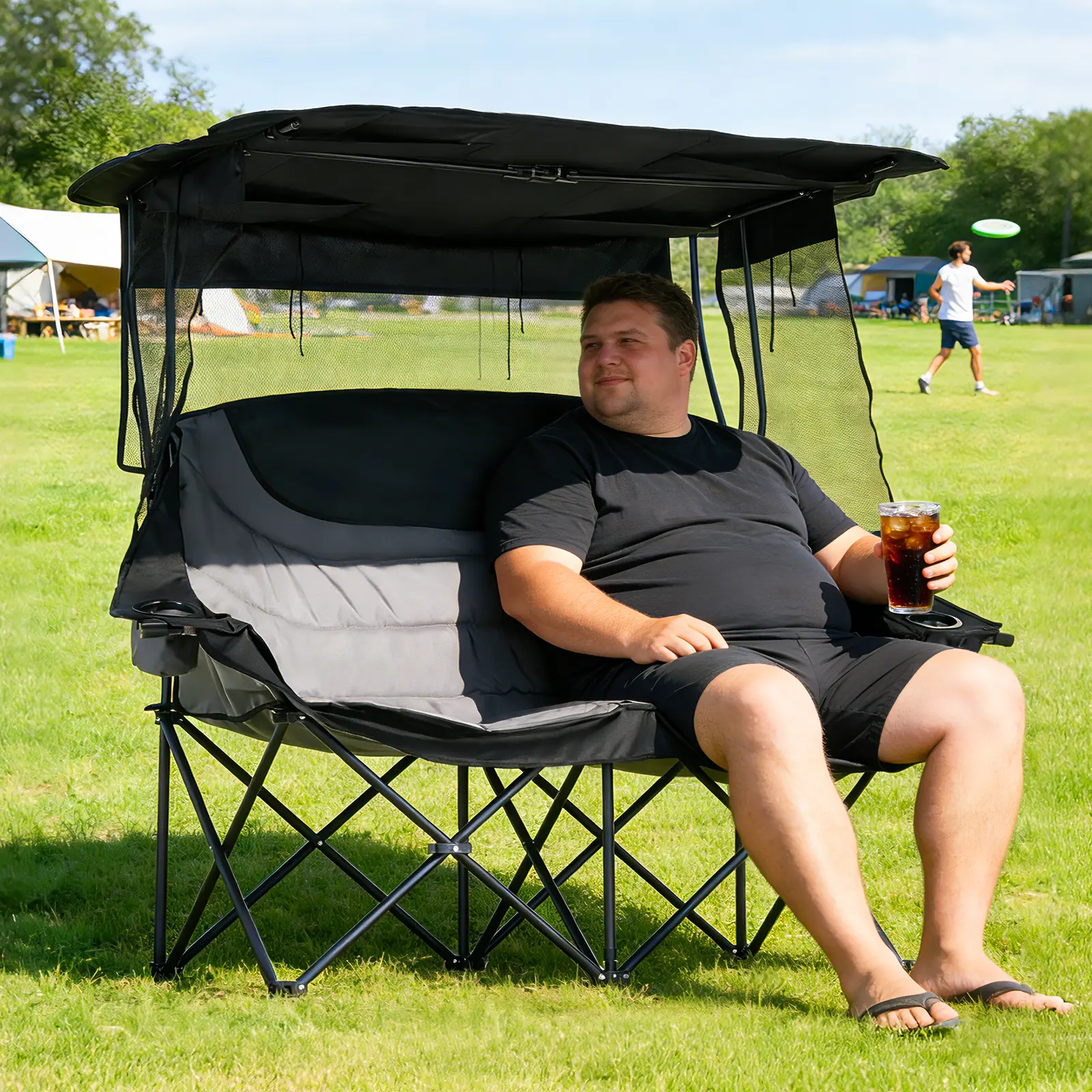 #Summervibes ABORON XXL Double Camping Chair with Shade Canopy, Fully Padded Folding Camping Loveseat , Oversized Camping Bench Lawn Chairs Patio Lounge Chairs for Adults