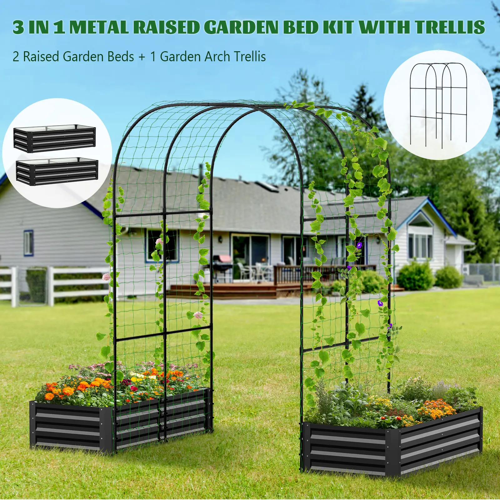 3-in-1 DIY Metal Raised Garden Bed with Arch Trellis, Wind-Resistant Heavy Duty Planter Box with Netting, Open Bottom Garden Bed for Climbing Plants Vegetables Flowers