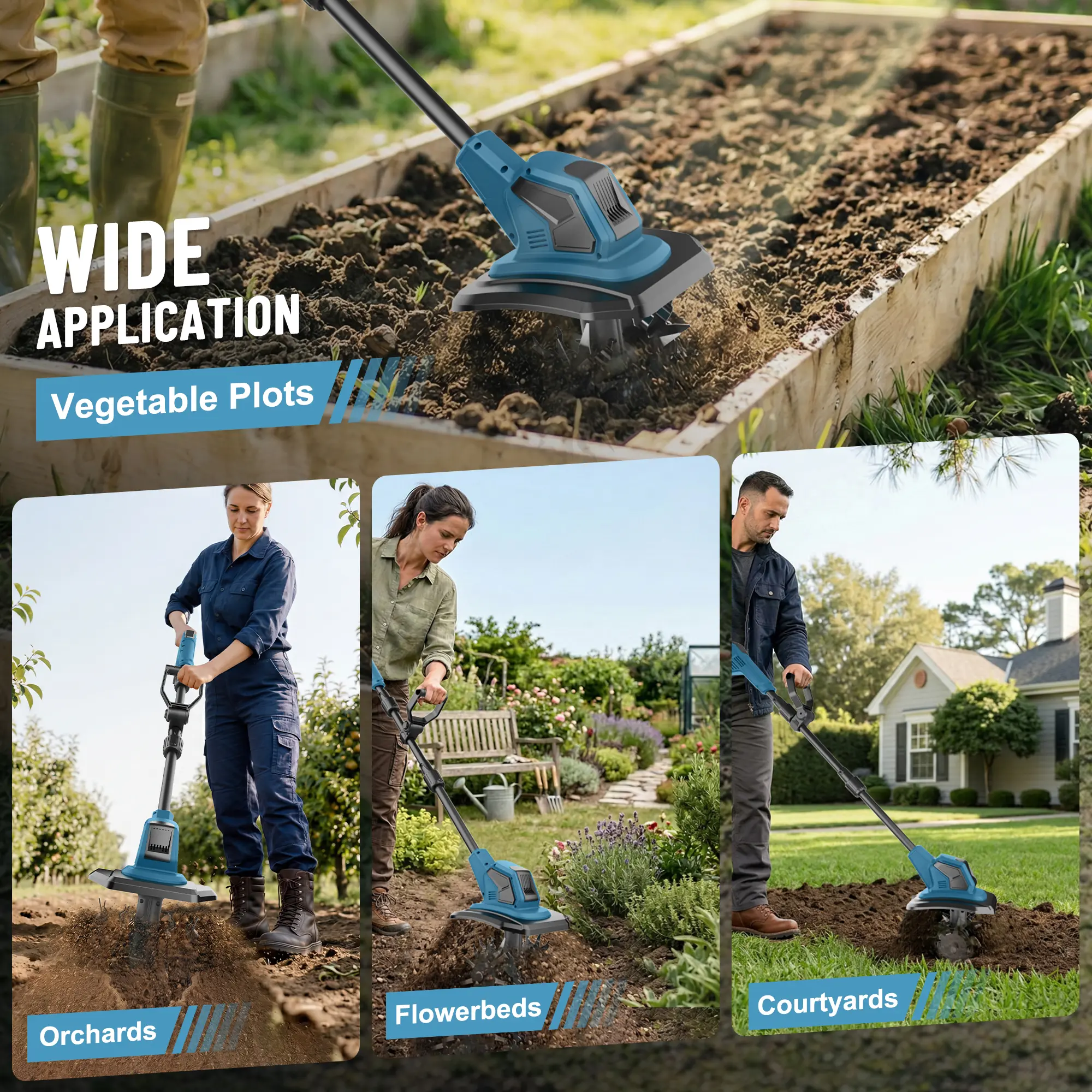 Cordless Cultivator & Tiller, 21V Electric Garden Tillers with 2×4000mAh Battery 120 Mins Runtime, 270 RPM Manganese Steel Blades, Lightweight 11.6 lbs, Ergonomic Design for Vegetable Plots Flowerbeds