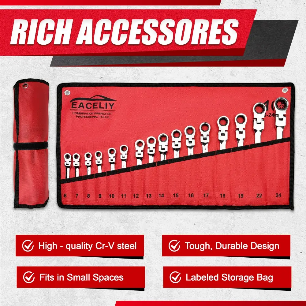 16PCS Flex-Head Ratcheting Wrench Set, Combination Wrench Set, Metric 6-24mm, 72-Tooth, CR-V Steel, with Rolling Pouch
