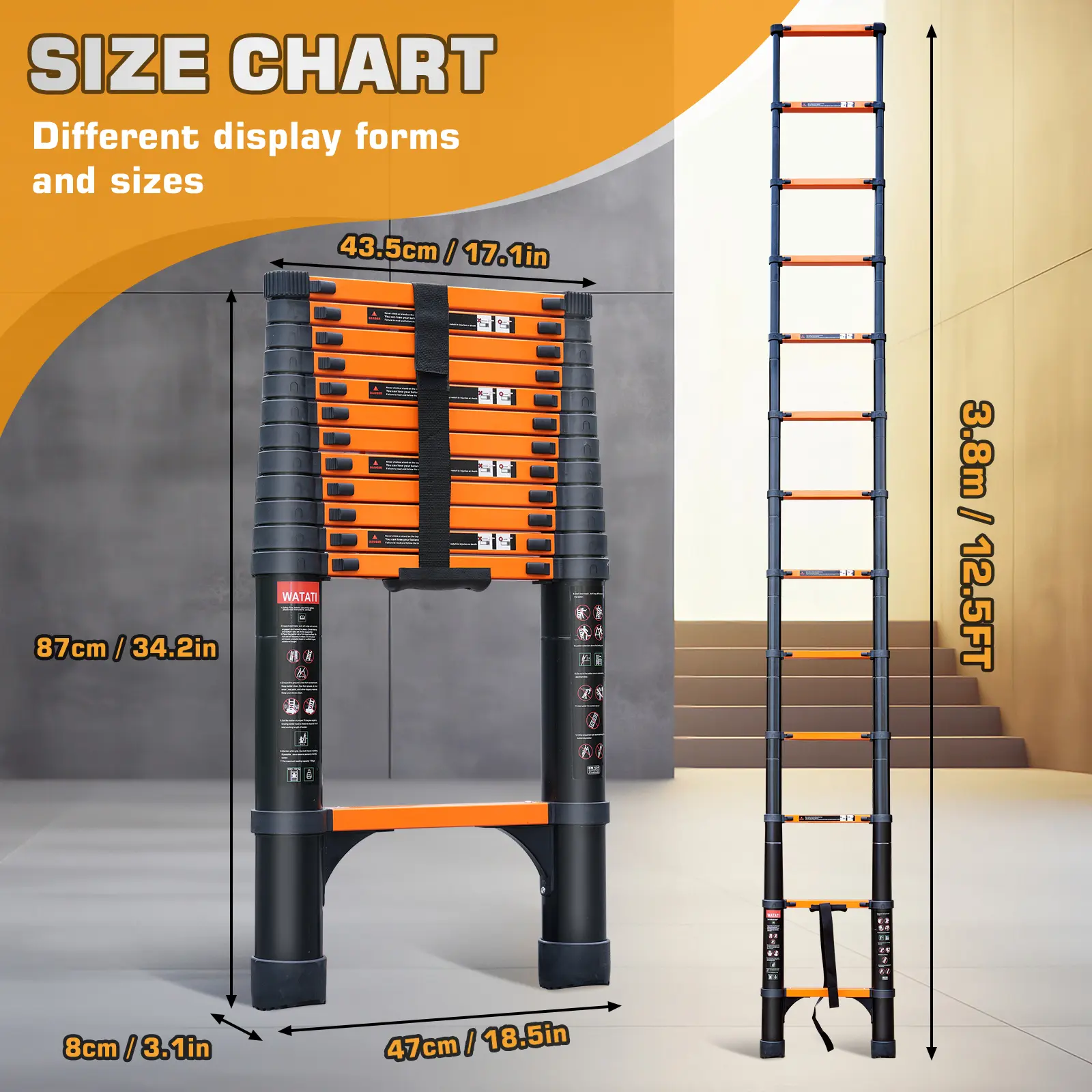 Telescopic ladder 20.3/23ft Aluminum extension ladder, Heavy Duty 330lbs Max Capacity,with 2 Triangle Stabilizers, Multi-Purpose Collapsible Ladder