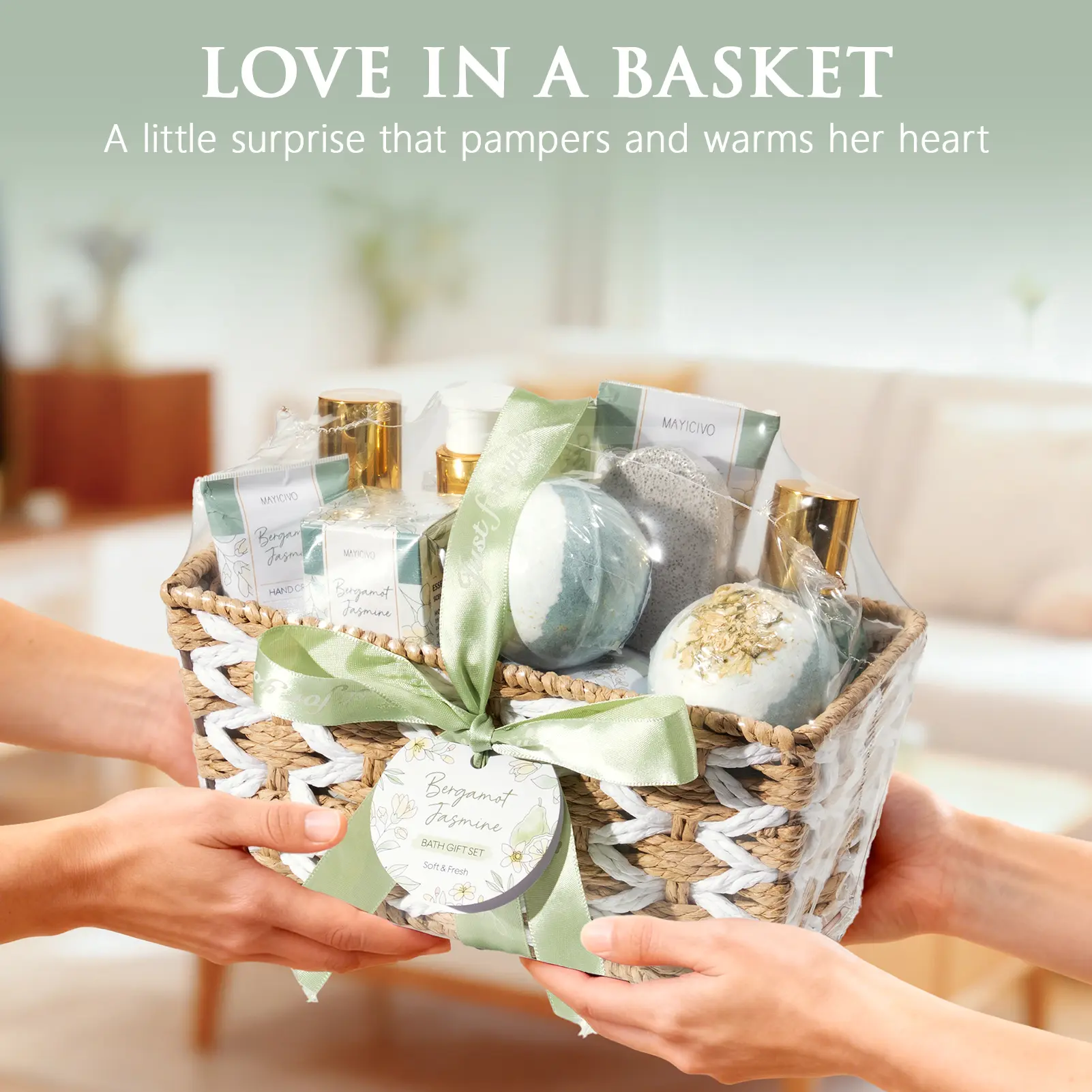 Valentine's Day Gifts for Women, Bergamot Jasmine Relaxing Spa Gift Baskets for Women Self Care Package Bath Gift Set, Home Bath and Body Kit
