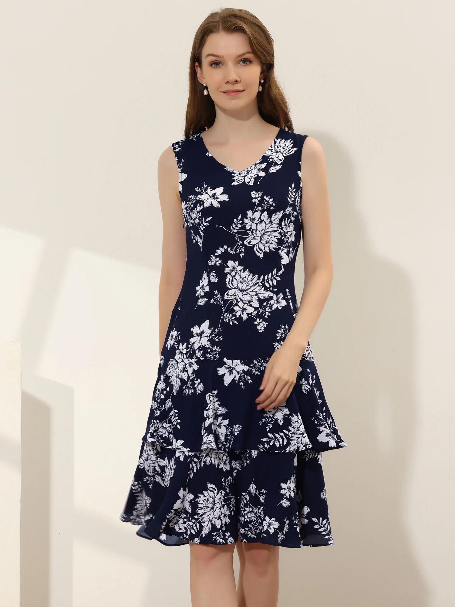 Work flower Print Contrast Panel 2pc Sets Chiffon V Neck Jacket Dress