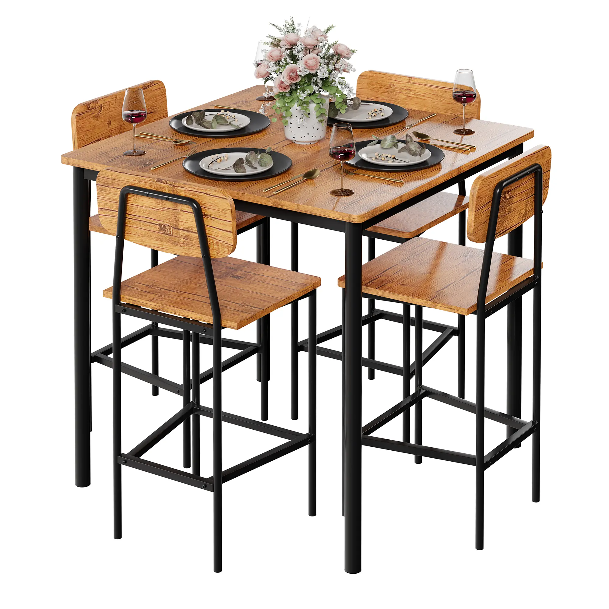 Dining Table Set for 4 – Space-Saving Retro Kitchen Table & Chair Set with Durable Metal Frame