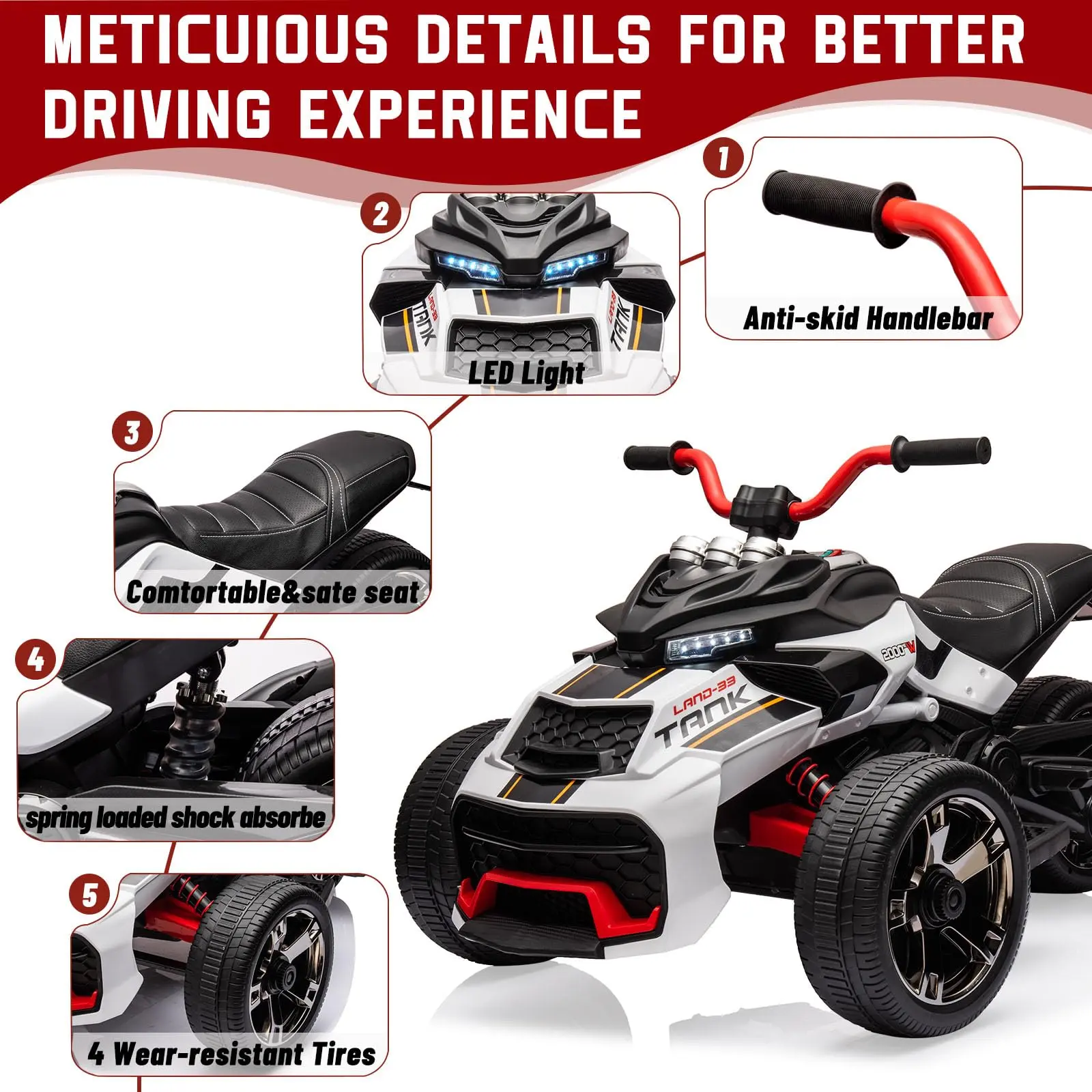 12V Electric 3-Wheel Ride-On Vehicle – Dual Motors, LED Lights, Music & USB, Fun for Kids Ages 3–7