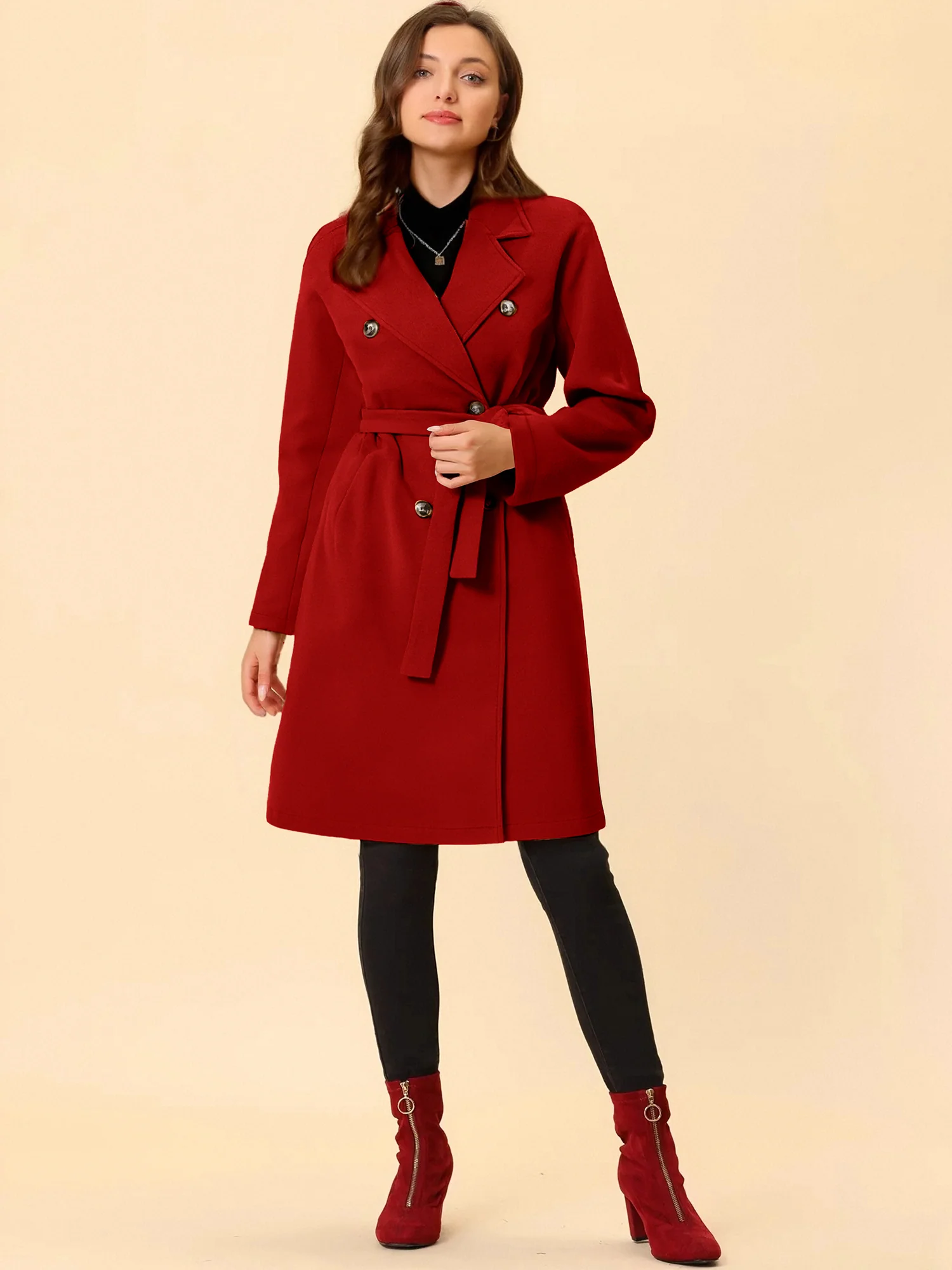 Solid Color Notched Lapel Double Breasted Belted Long Pea Coat