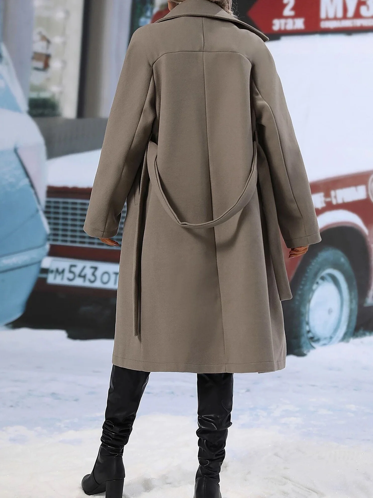 Solid Color Notched Lapel Double Breasted Belted Long Pea Coat