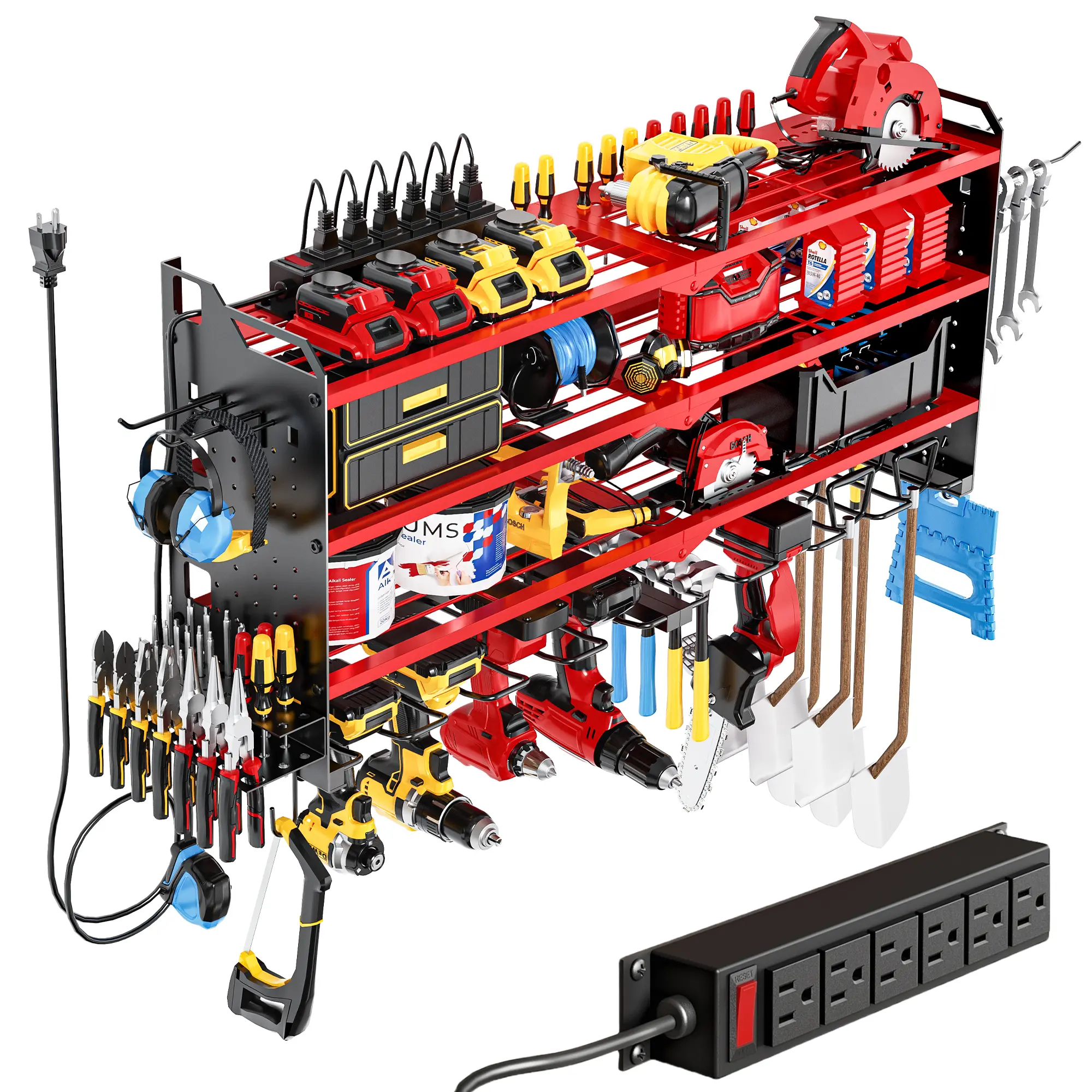 Tool Rack Organizer Wall Mount with 8 Drill Holders 4 Layers Large Capacity Rack for Garage Heavy Duty Sturdy Construction Easy Assembly